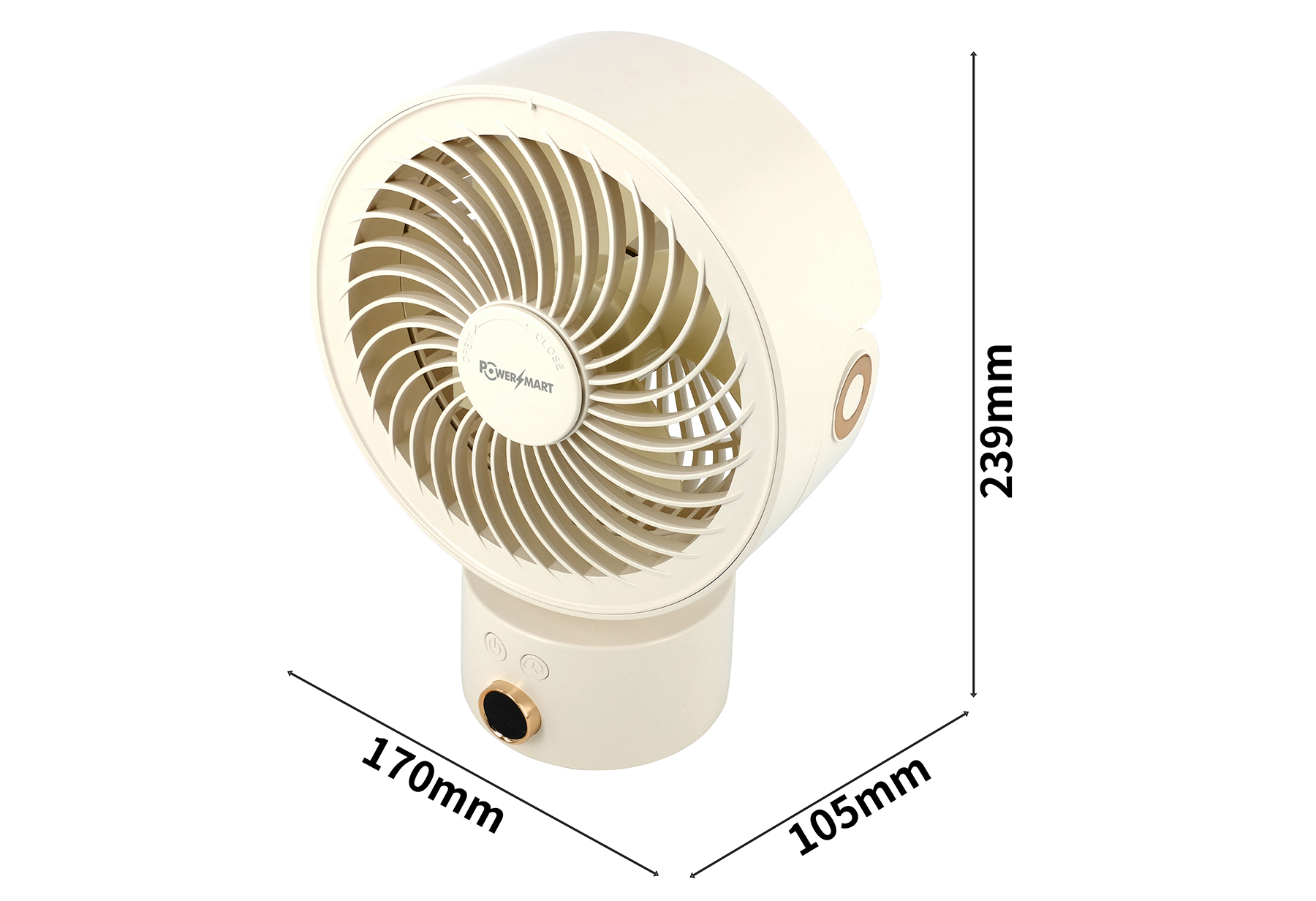 Ein cremefarbener Ventilator mit Lüfterblättern und Bedienelementen. Maße: 170x105x239mm.