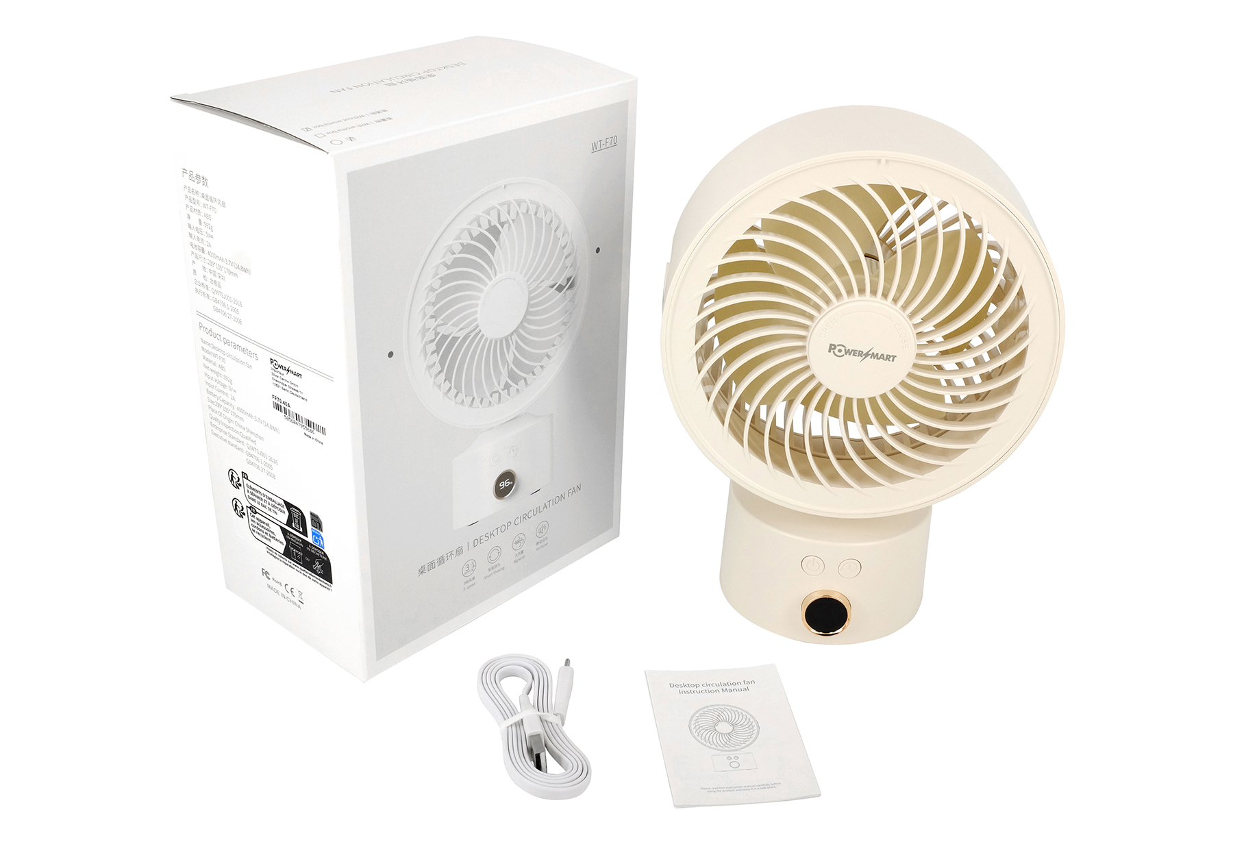 Ein cremefarbener Tischventilator mit Verpackung, USB-Kabel und Anleitung.