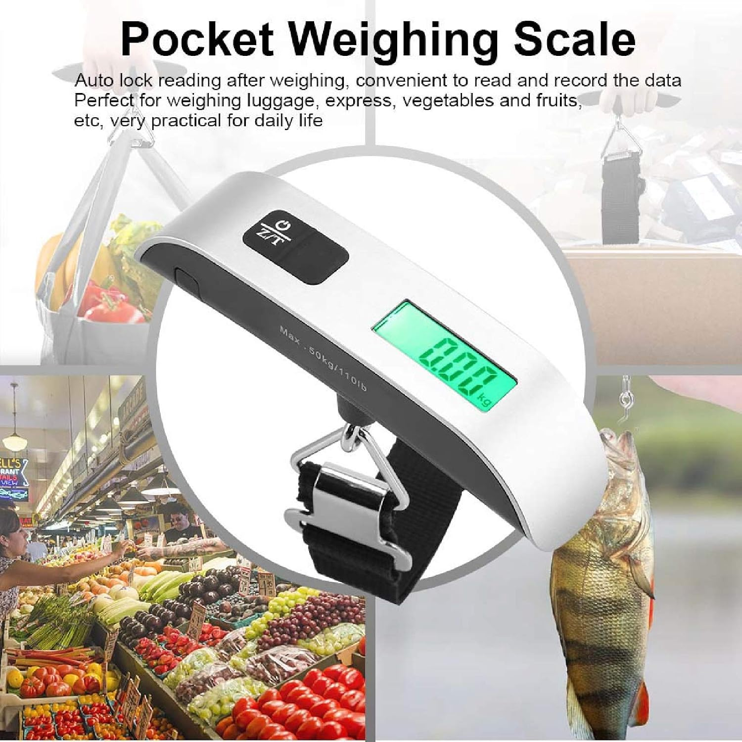 Digitale Kofferwaage wiegt Fisch, mit Anzeige 0.00kg. Obstmarkt im Hintergrund.