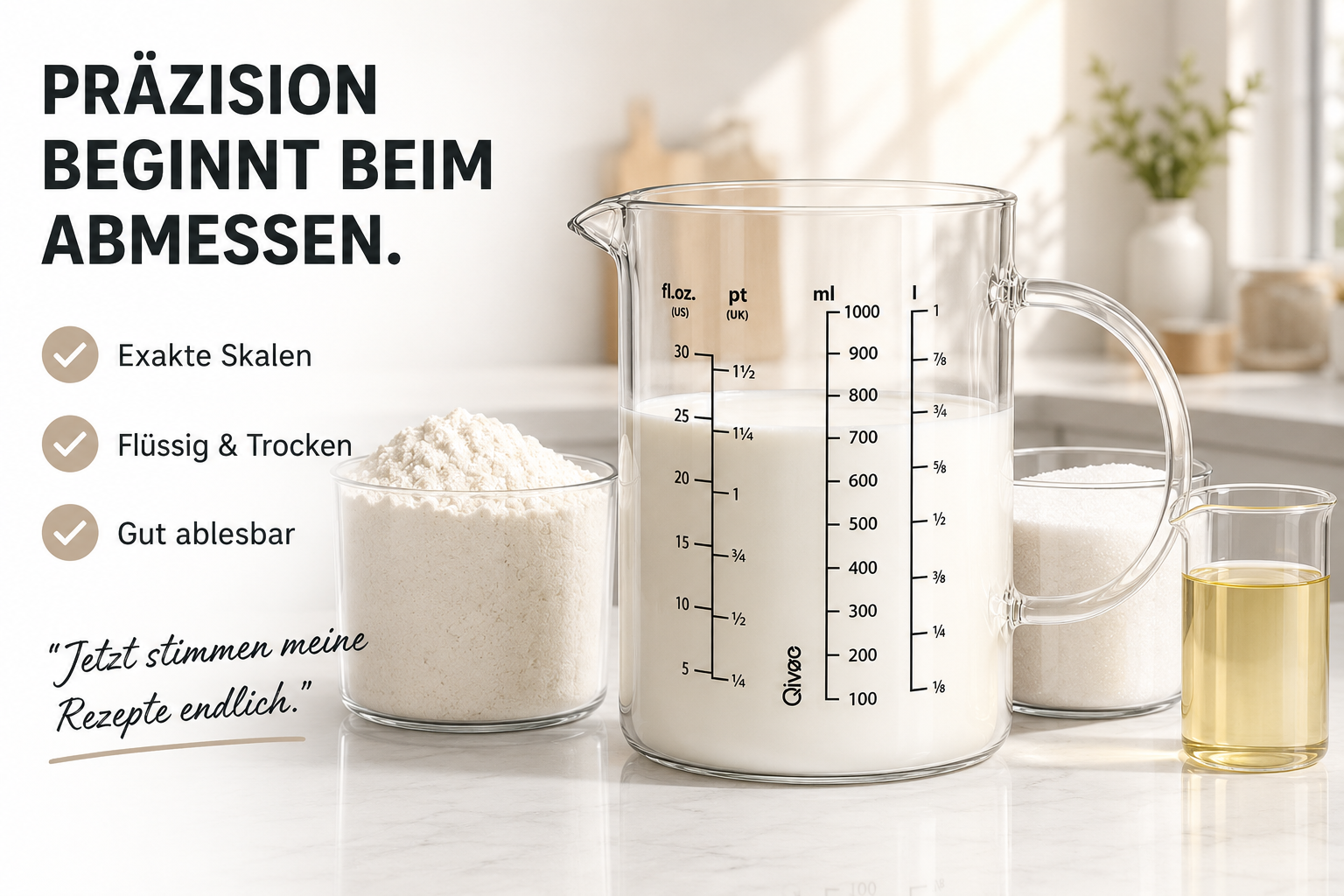 Messbecher mit Mehl, Milch, Zucker und Öl. Präzisionsmessung für Rezepte.