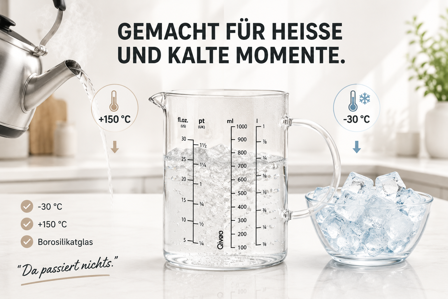 Messbecher zeigt +150°C & -30°C Fähigkeit. Mit Wasser und Eiswürfeln.