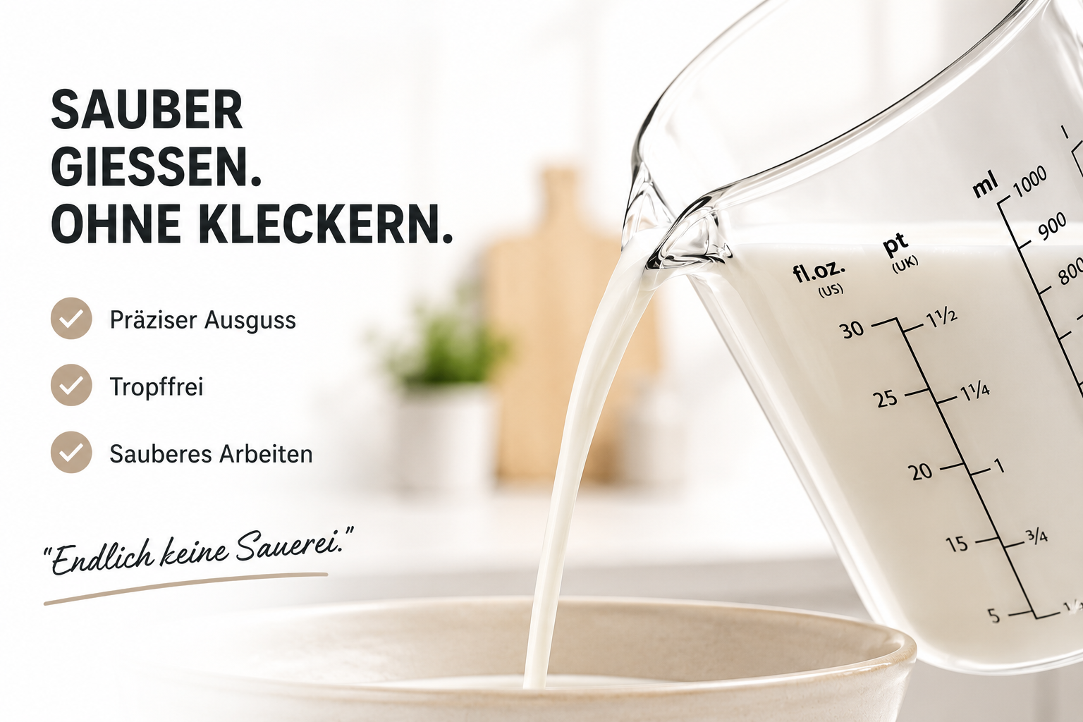 Milch wird aus einem Messbecher in eine Schüssel gegossen.