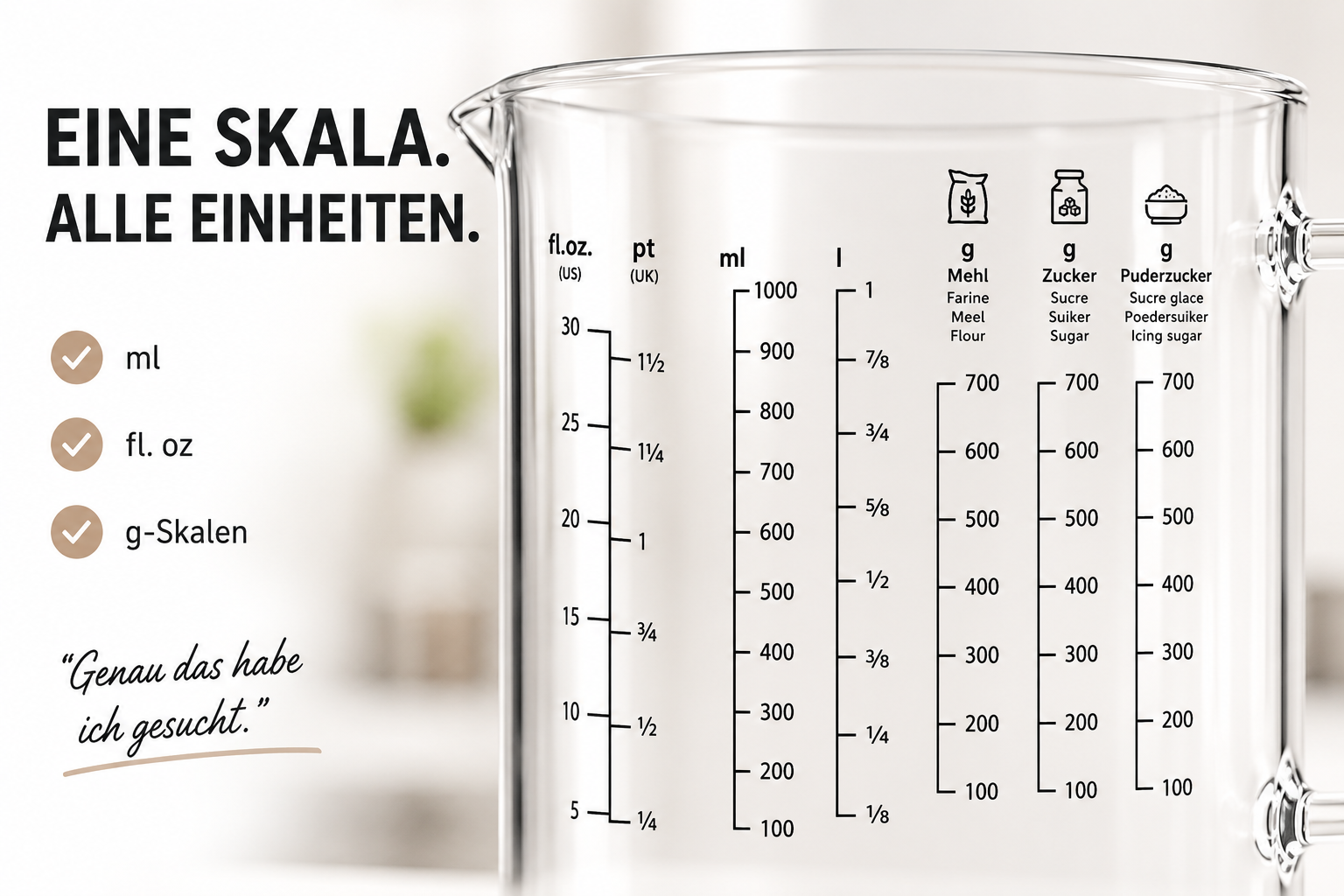 Messbecher mit Skalen für ml, fl. oz., pt, Liter und Gramm für Mehl, Zucker, Puderzucker.
