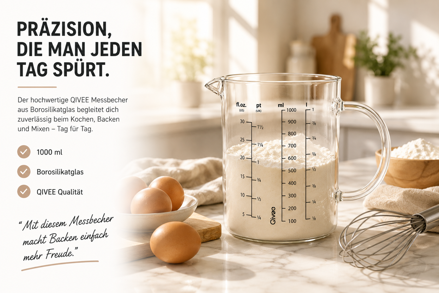 Ein Glas-Messbecher mit Mehl, Eiern und Schneebesen auf einer Marmorplatte.