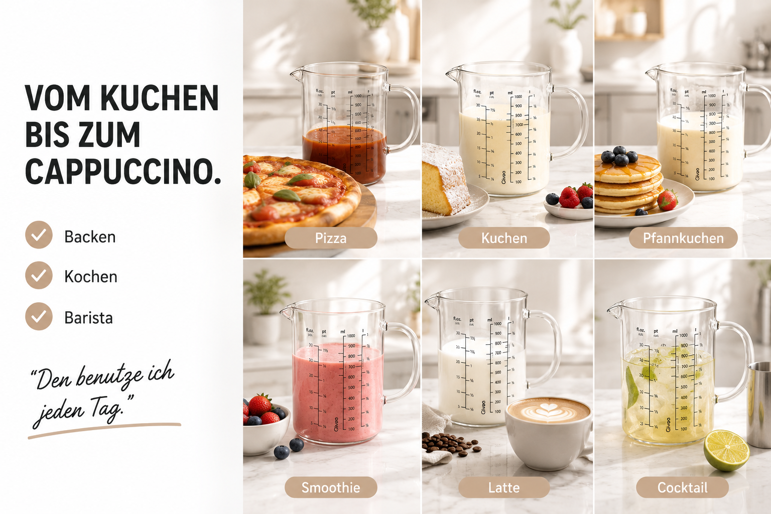 Collage von sechs Bildern mit Messbechern für Pizza, Kuchen, Pfannkuchen, Smoothie, Latte & Cocktail.