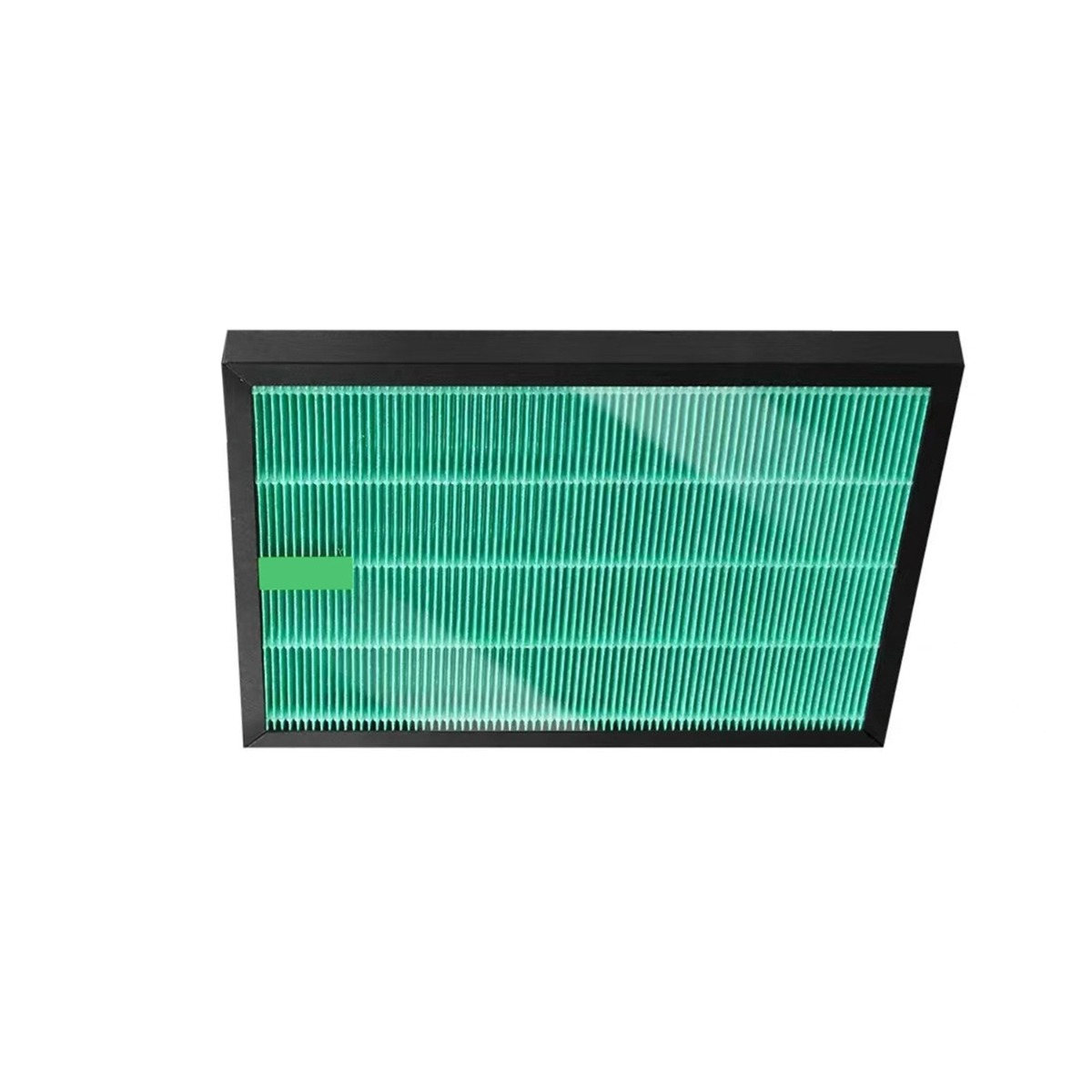 Ein grüner Luftfilter mit schwarzem Rahmen und einer grünen Markierung.