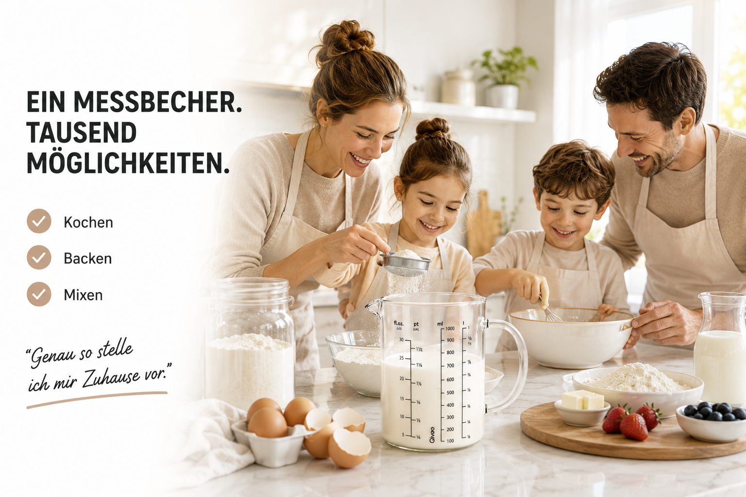 Eine Familie backt zusammen in einer hellen Küche mit Mehl, Eiern und Beeren.