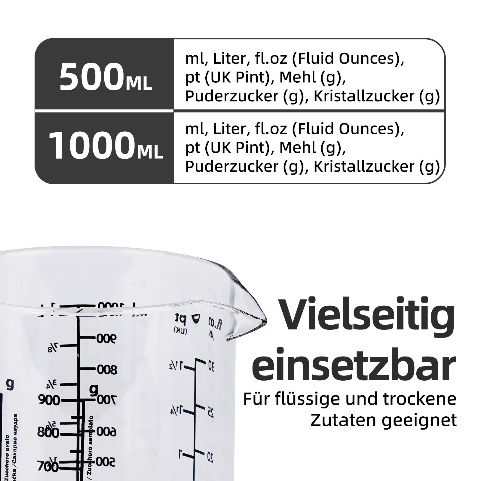 Messbecher mit 500ml und 1000ml Skalen. "Vielseitig einsetzbar"