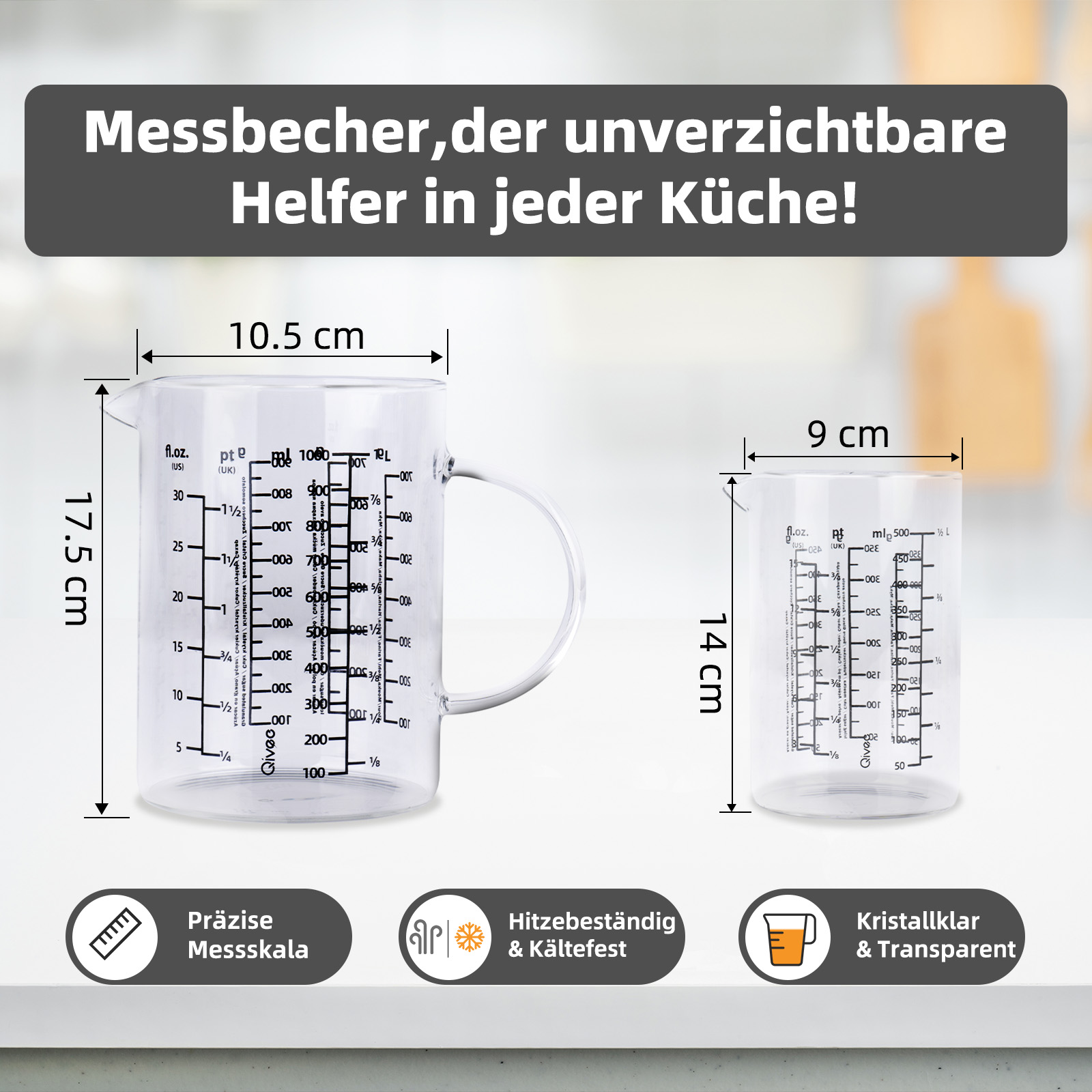 Zwei durchsichtige Messbecher mit Henkel und ml-Skala.