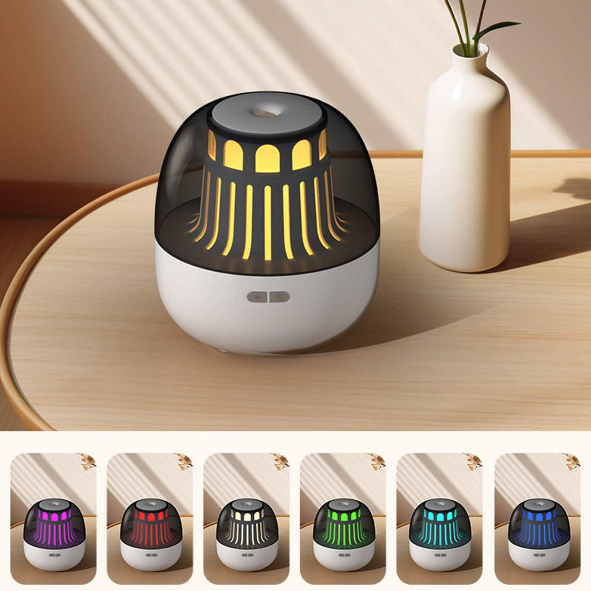 Ein weißer und schwarzer Diffusor mit gelbem Licht, umgeben von Farboptionen.