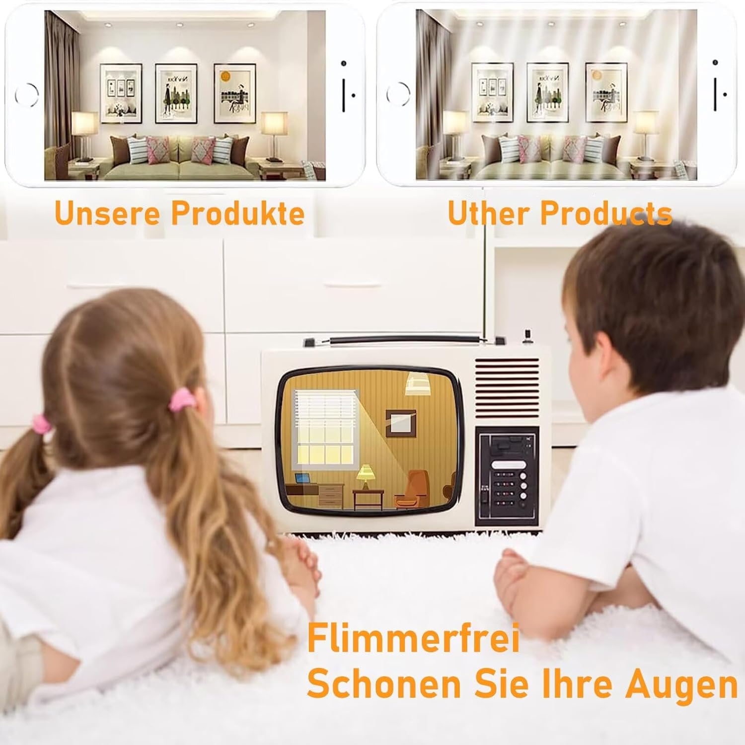 Kinder schauen auf einen Fernseher, darüber sind zwei Handy-Screens mit Wohnzimmerbildern.