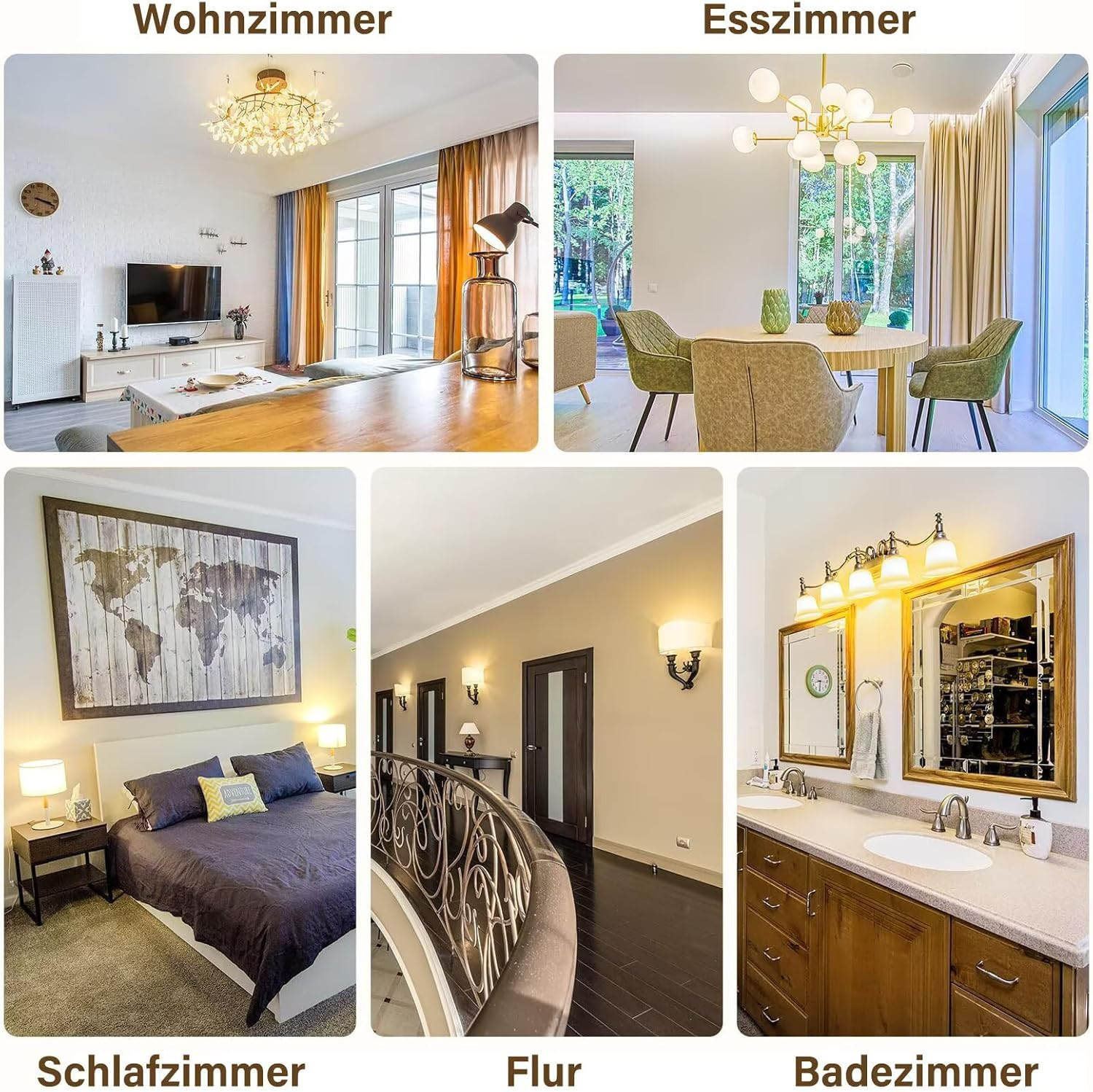 Collage zeigt Wohnzimmer, Esszimmer, Schlafzimmer, Flur und Badezimmer.