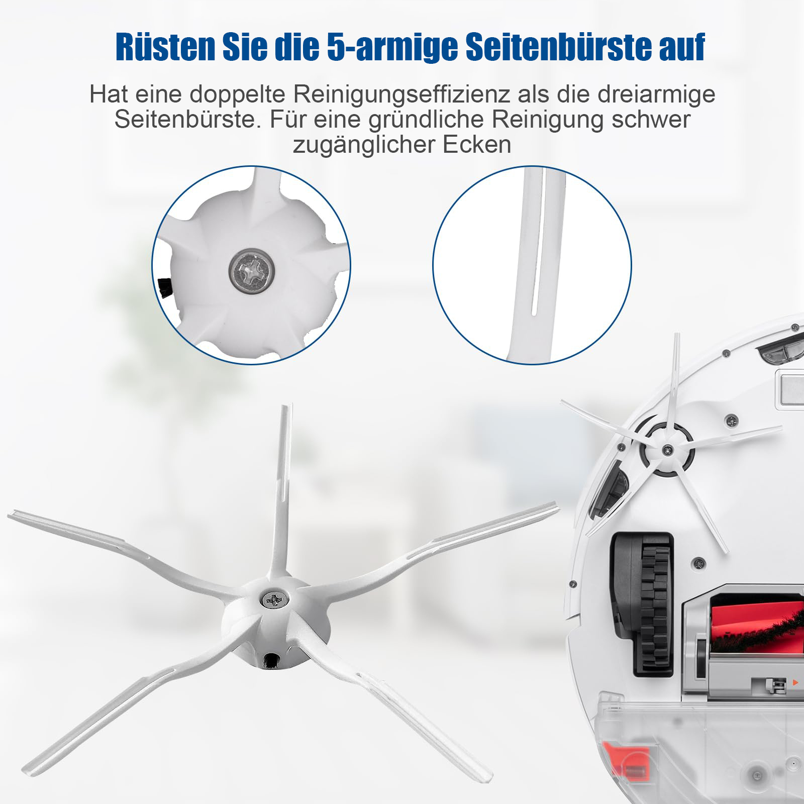 Eine weiße Roboterstaubsaugerbürste mit fünf Armen. Nahaufnahme.