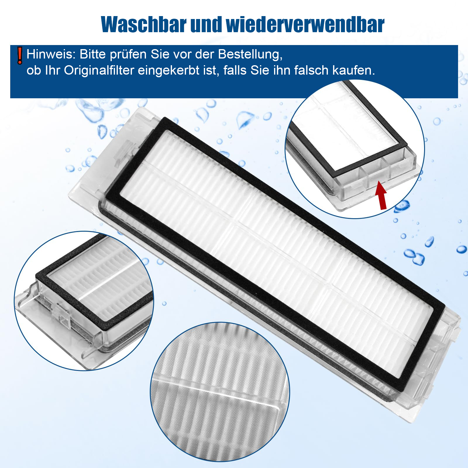 Ein waschbarer und wiederverwendbarer Filter mit schwarzem Rahmen auf blauem Hintergrund.