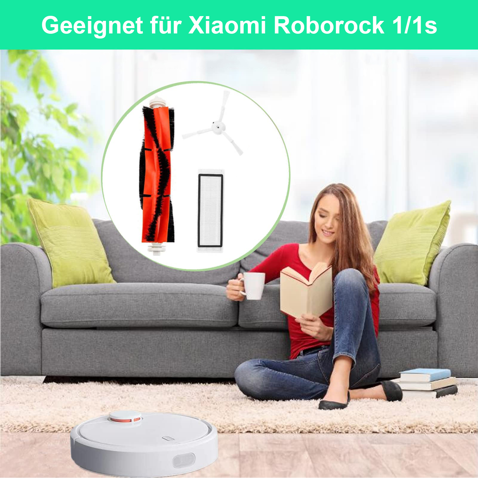 Ein Saugroboter-Zubehörset mit Bürste, Filter und Seitenbürsten liegt auf einem Teppich.