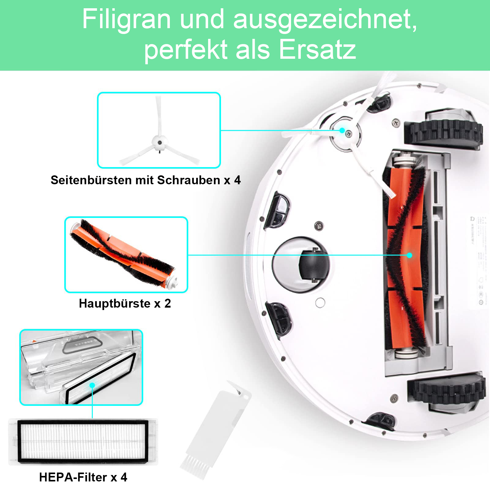 Ersatzteile für Saugroboter: Seitenbürsten, Hauptbürsten, HEPA-Filter.