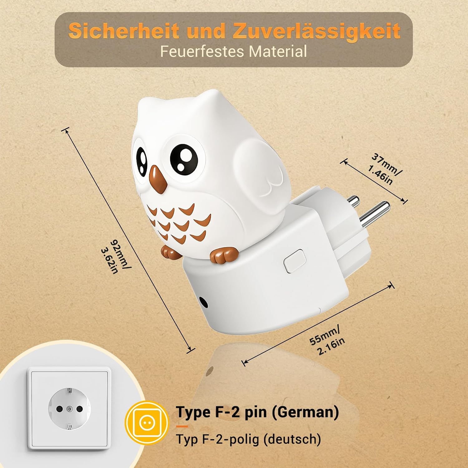 Ein weißer Nachtlicht-Adapter in Eulenform, Typ F-2-Stecker (Deutsch).