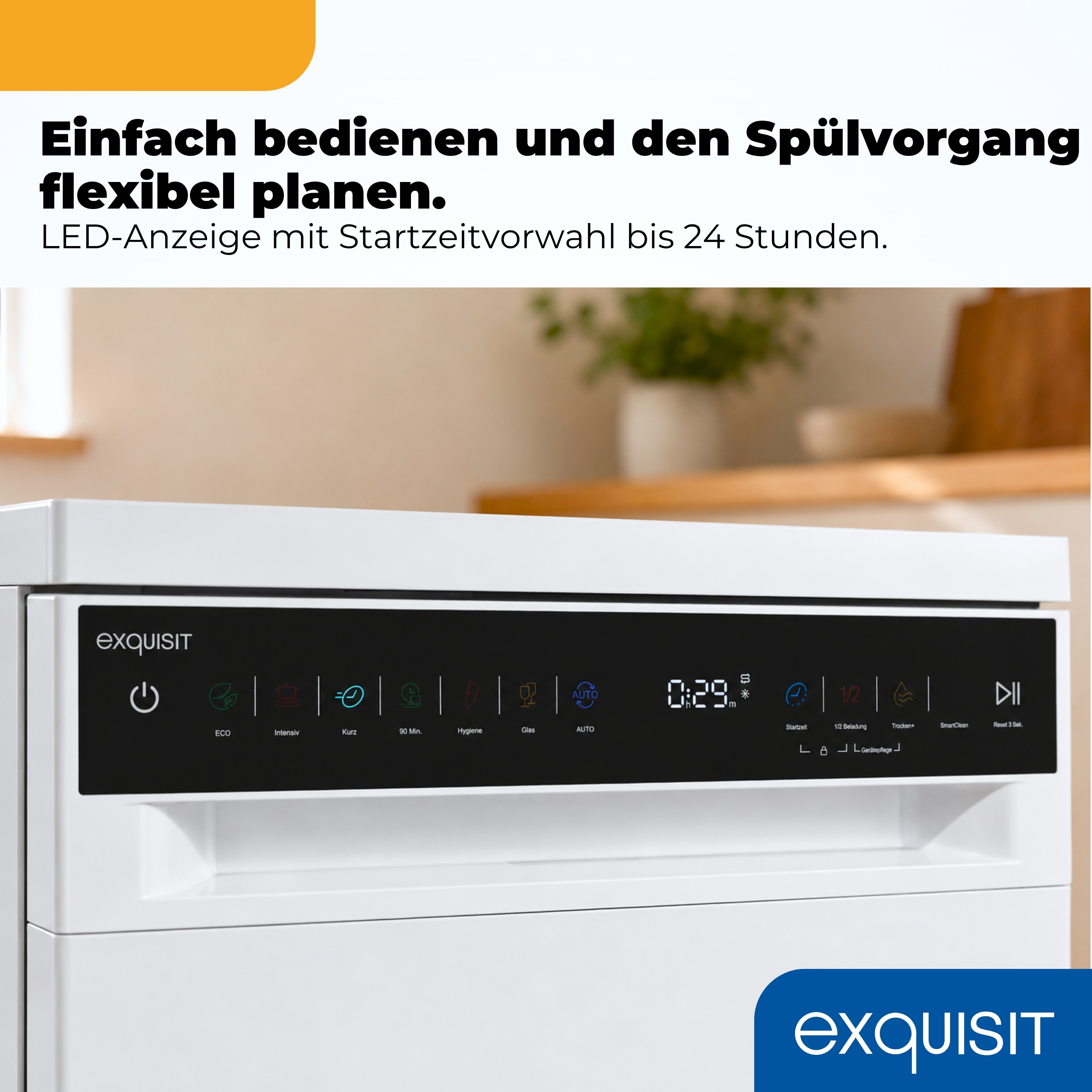 Geschirrspüler-Bedienfeld mit Programmauswahl und digitaler Zeitanzeige.