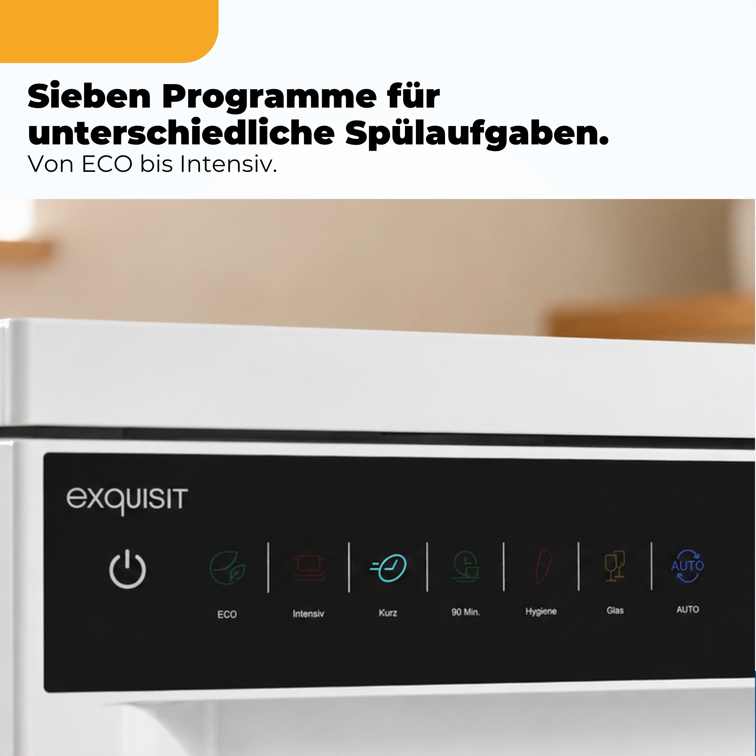 Ein weißer Geschirrspüler mit schwarzem Bedienfeld und Programmsymbolen.