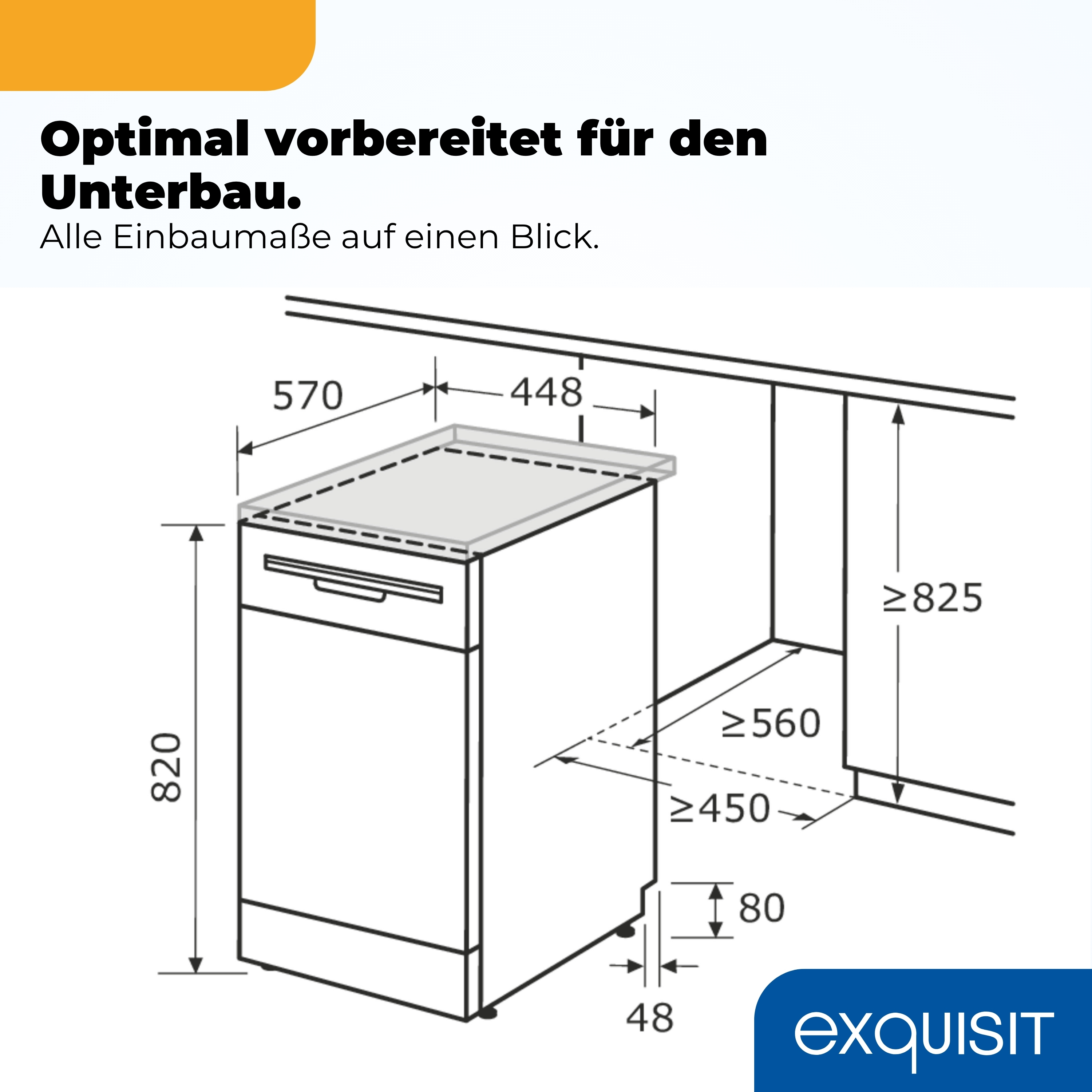 Diagramm mit Maßen für den Unterbau eines Geräts. Enthält Maße.