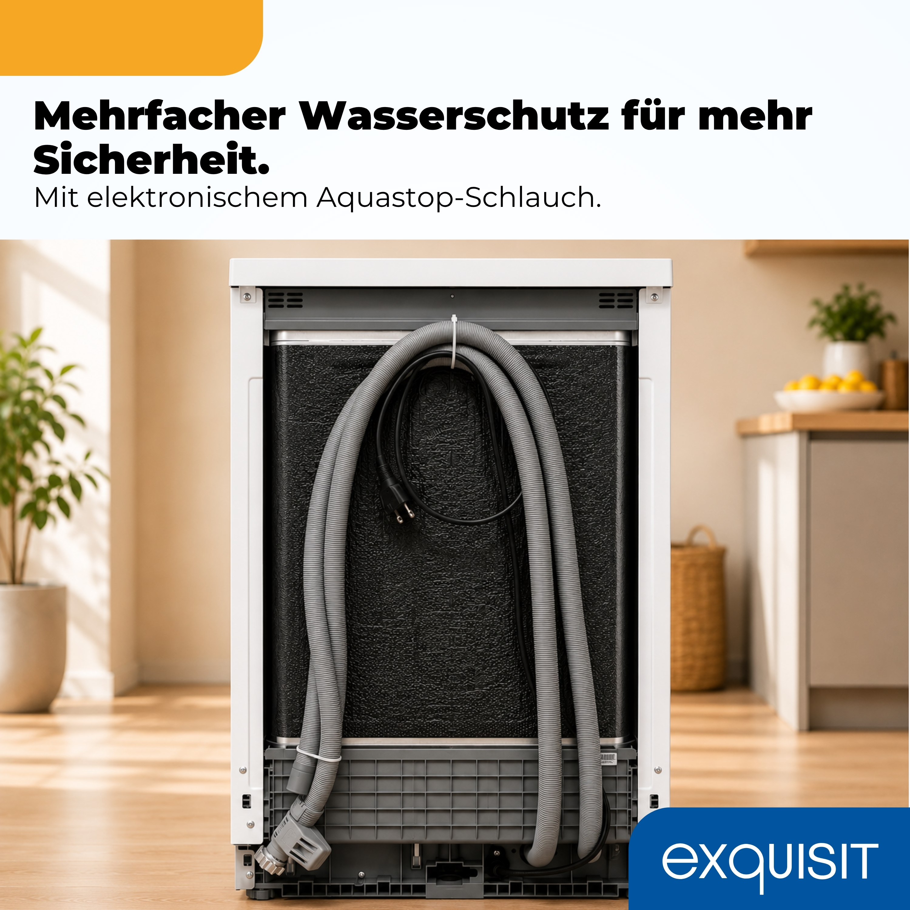 Rückansicht eines weißen Geschirrspülers mit grauen Schläuchen und schwarzen Kabeln, ordentlich auf einer strukturierten schwarzen Platte.