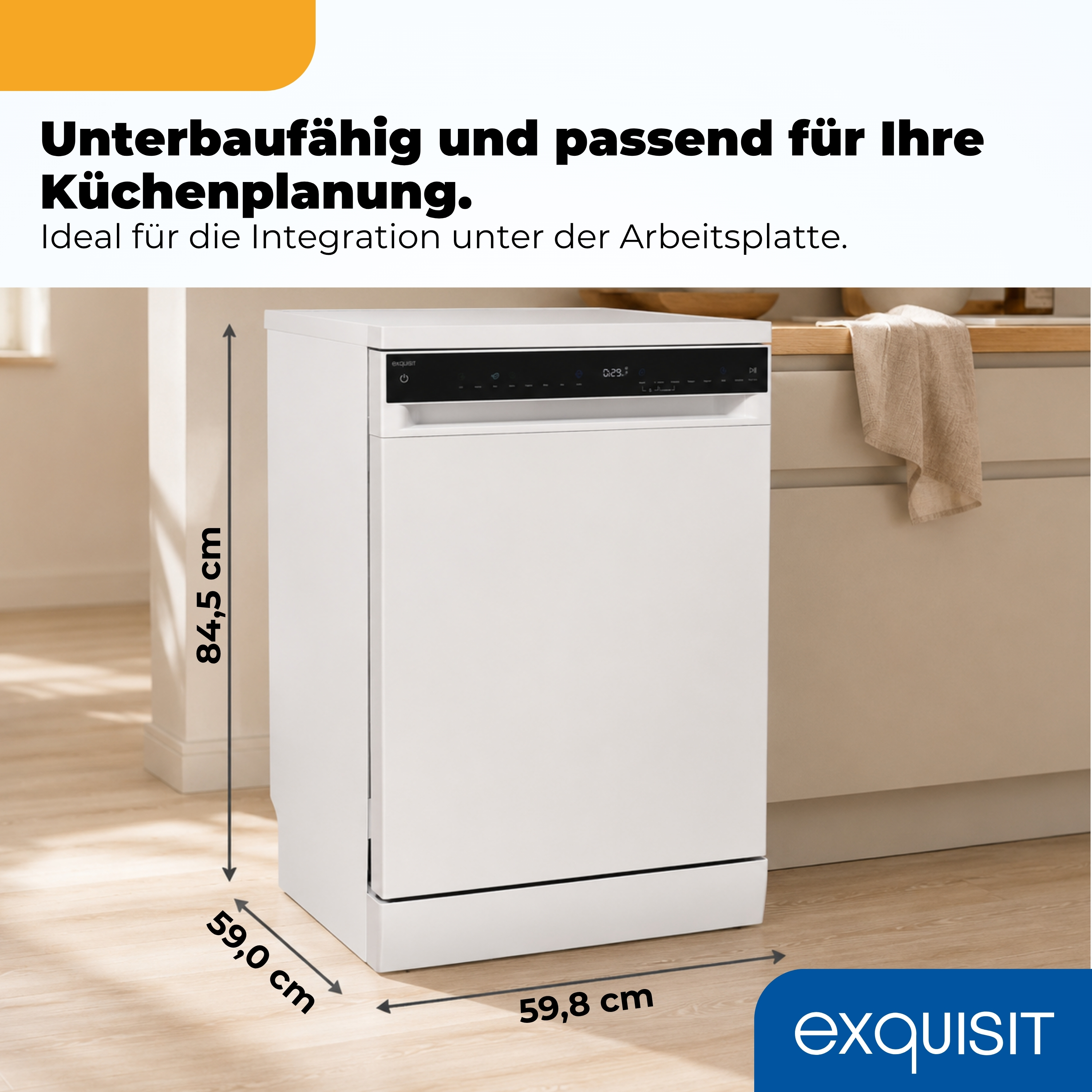 Eine weiße Einbau-Spülmaschine mit schwarzer Bedienleiste und Display.