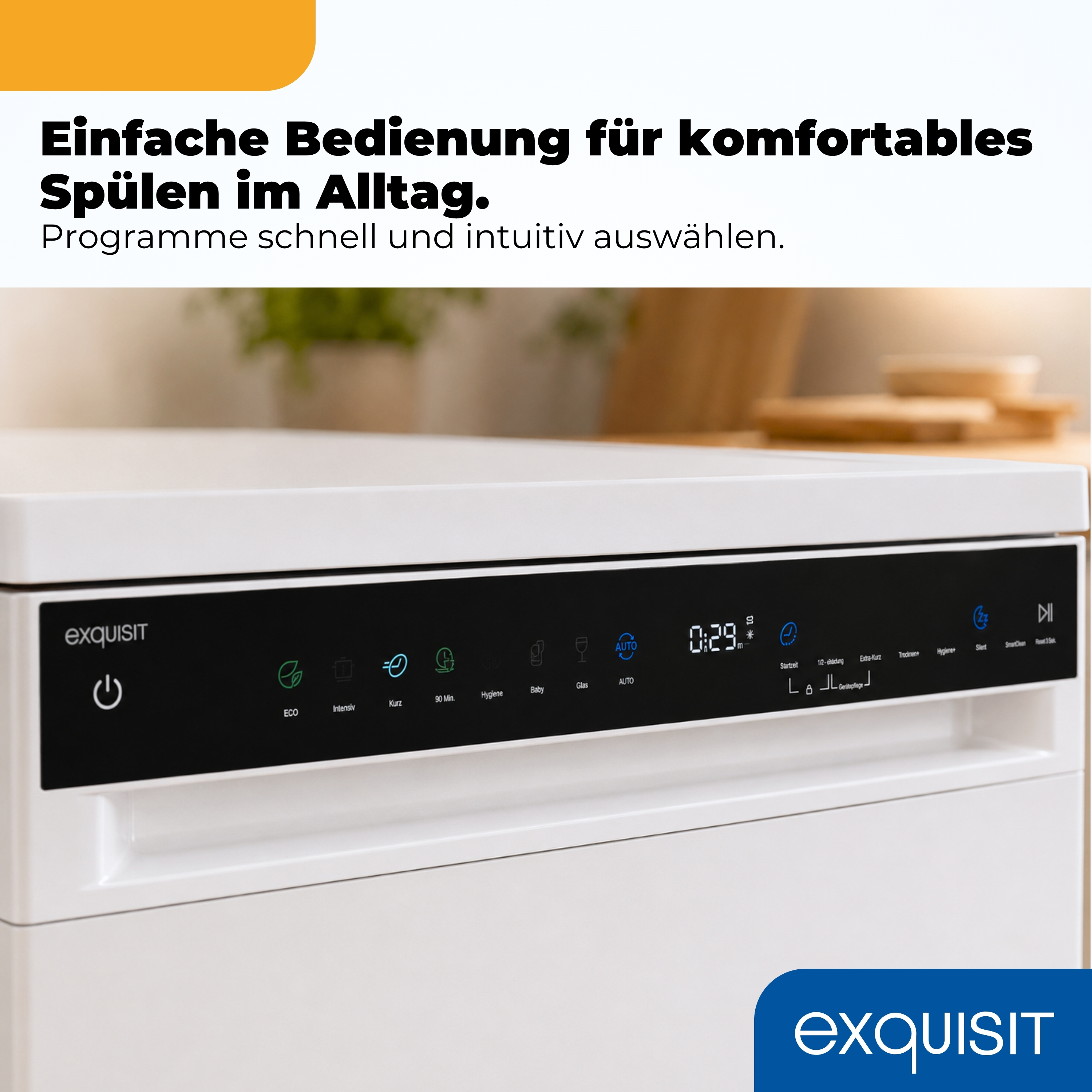 Geschirrspüler-Bedienfeld mit Programmauswahl und Timer.