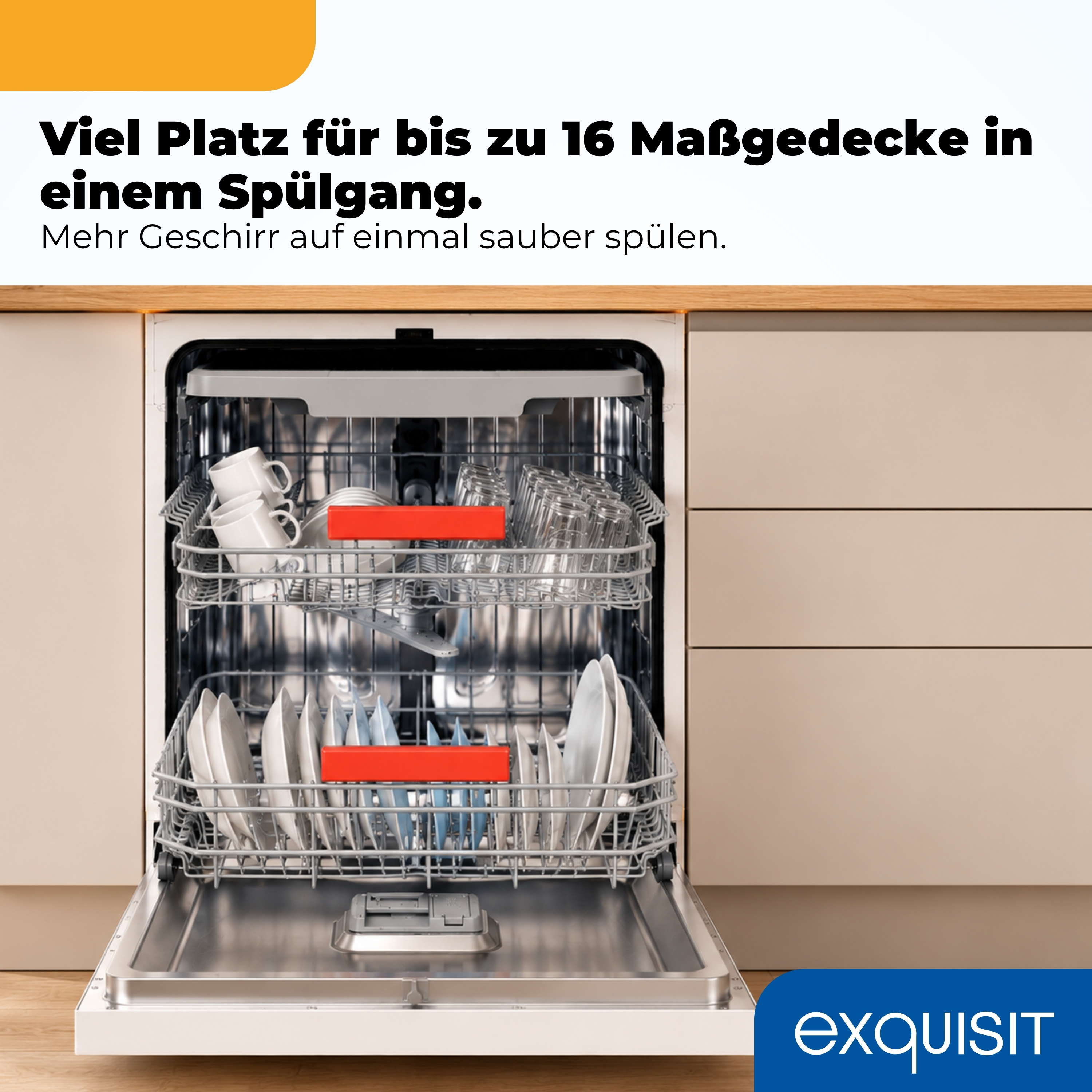 Ein offener Geschirrspüler mit zwei Körben, beladen mit Tellern, Gläsern und Tassen.