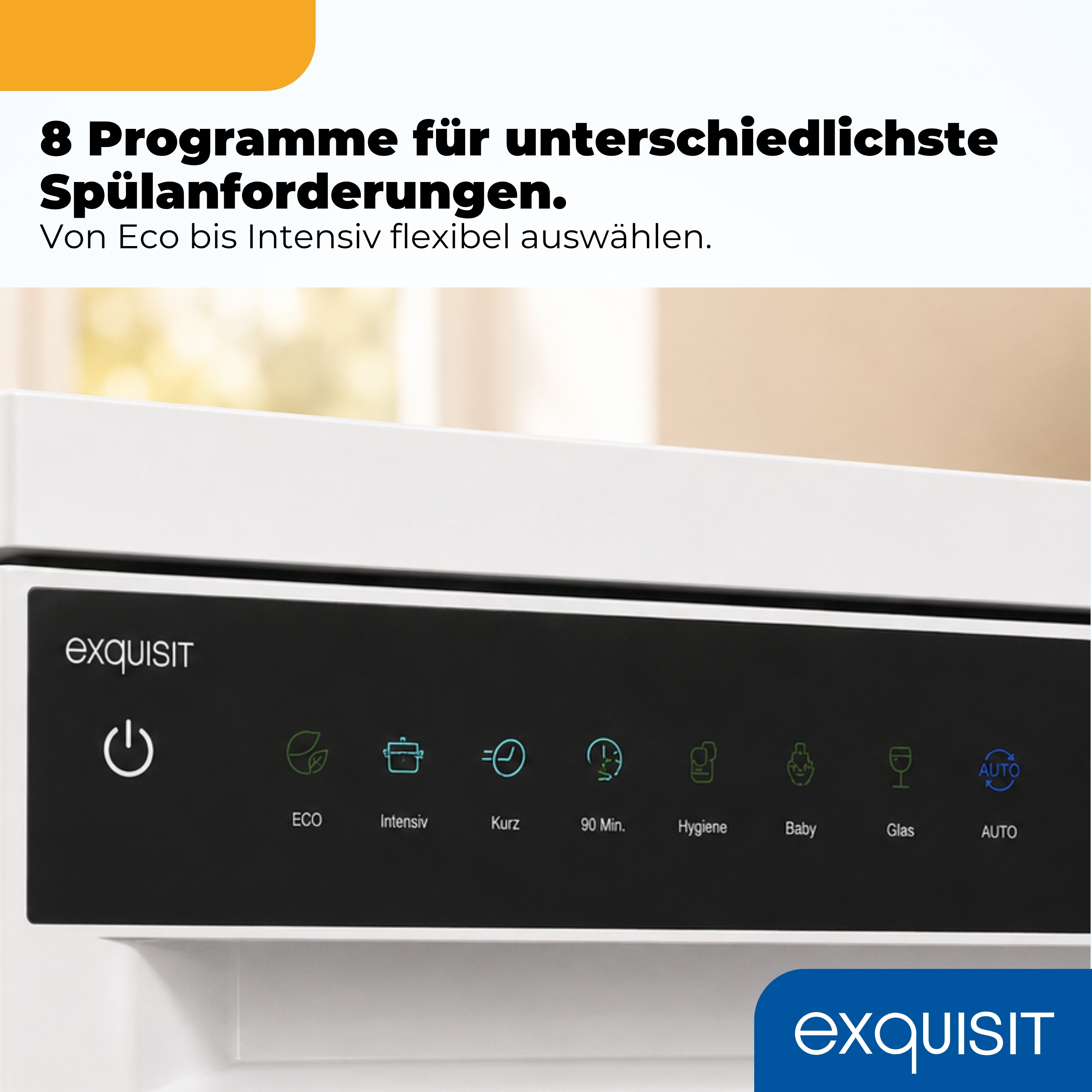 Bedienfeld einer Spülmaschine mit Programmsymbolen: ECO, Intensiv, Kurz, 90 Min., Hygiene, Baby, Glas, AUTO.