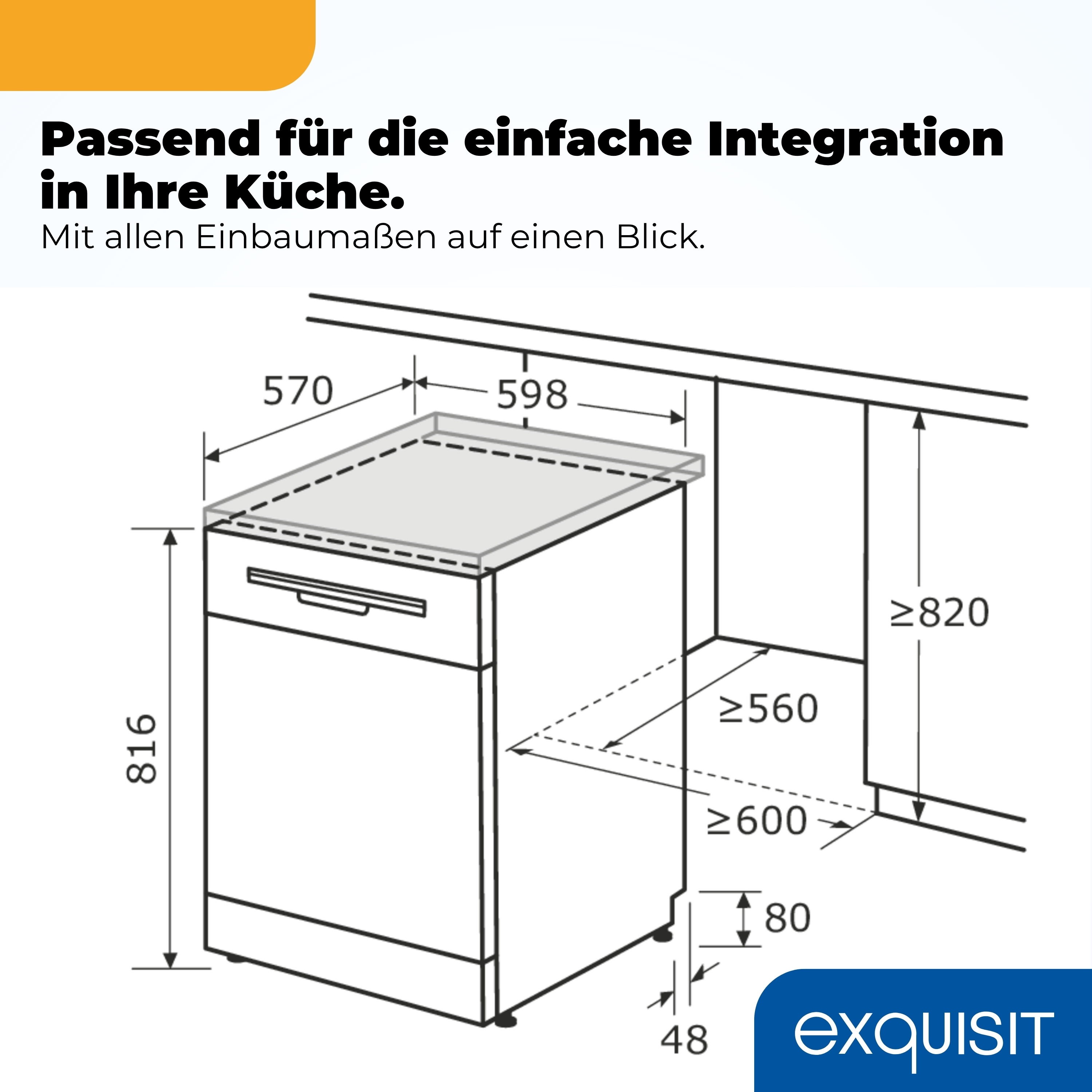Technische Zeichnung einer Spülmaschine mit Maßen für die Küchenintegration.