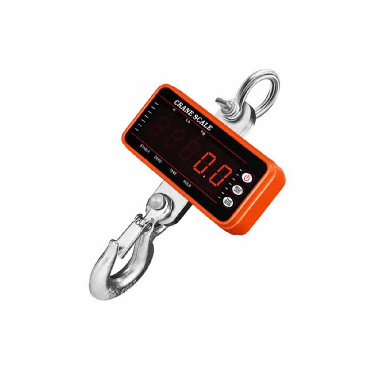 Eine orangefarbene Kranwaage mit rotem Display zeigt 0,0 an.