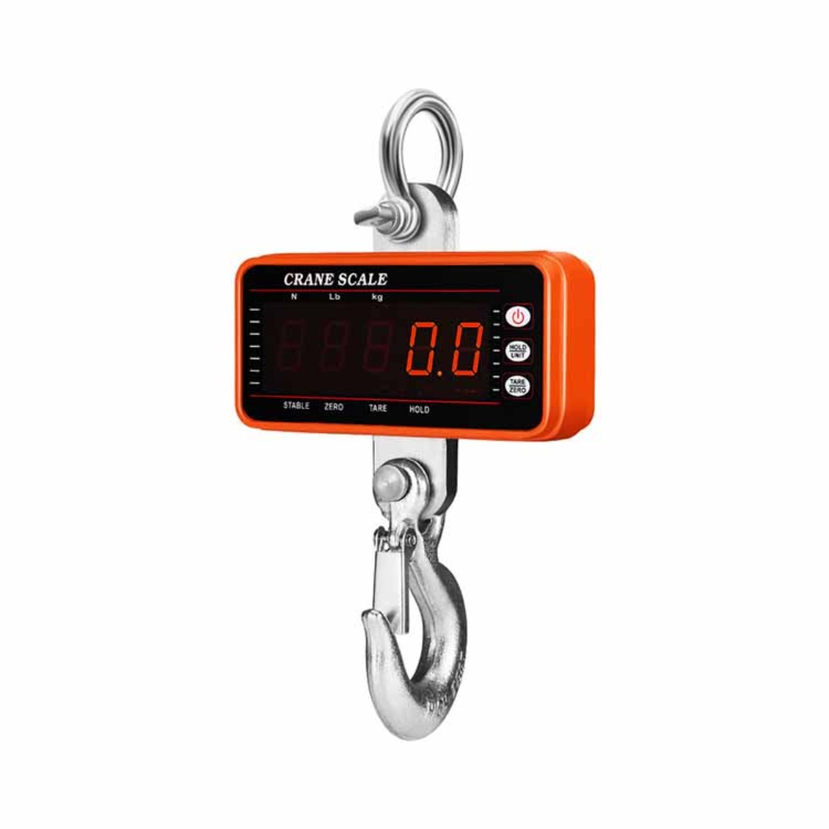 Eine orangefarbene Kranwaage mit digitaler Anzeige und Haken.