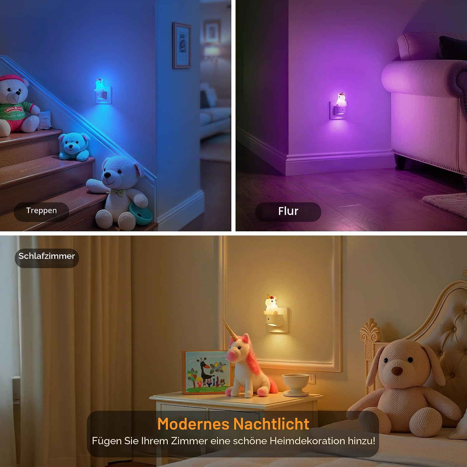 Nachtlichter in verschiedenen Räumen: Treppe, Flur, Schlafzimmer.