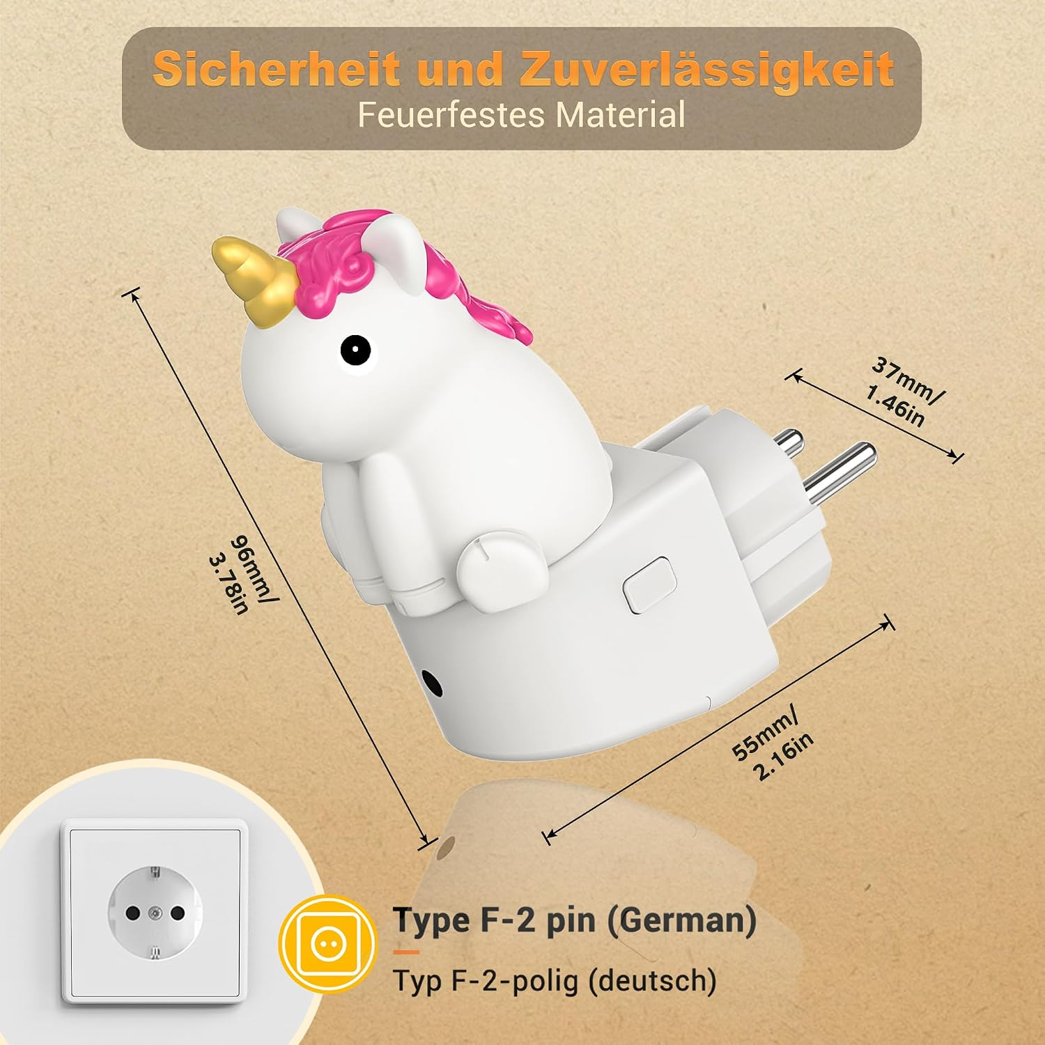 Ein weißer Einhorn-Adapter mit rosa Mähne, der in eine Steckdose gesteckt wird.