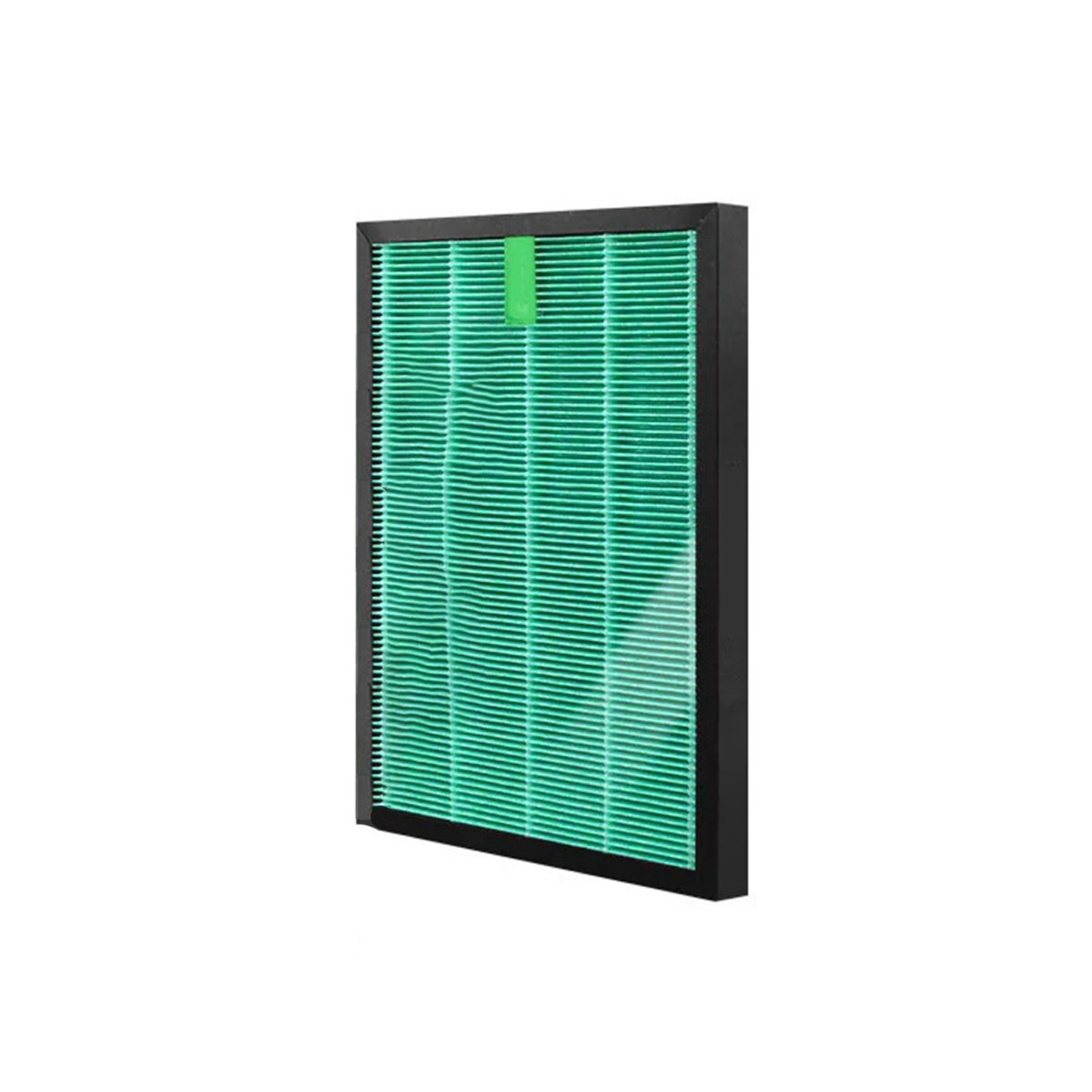 Ein grüner Luftfilter mit schwarzem Rahmen und einem grünen Griff.