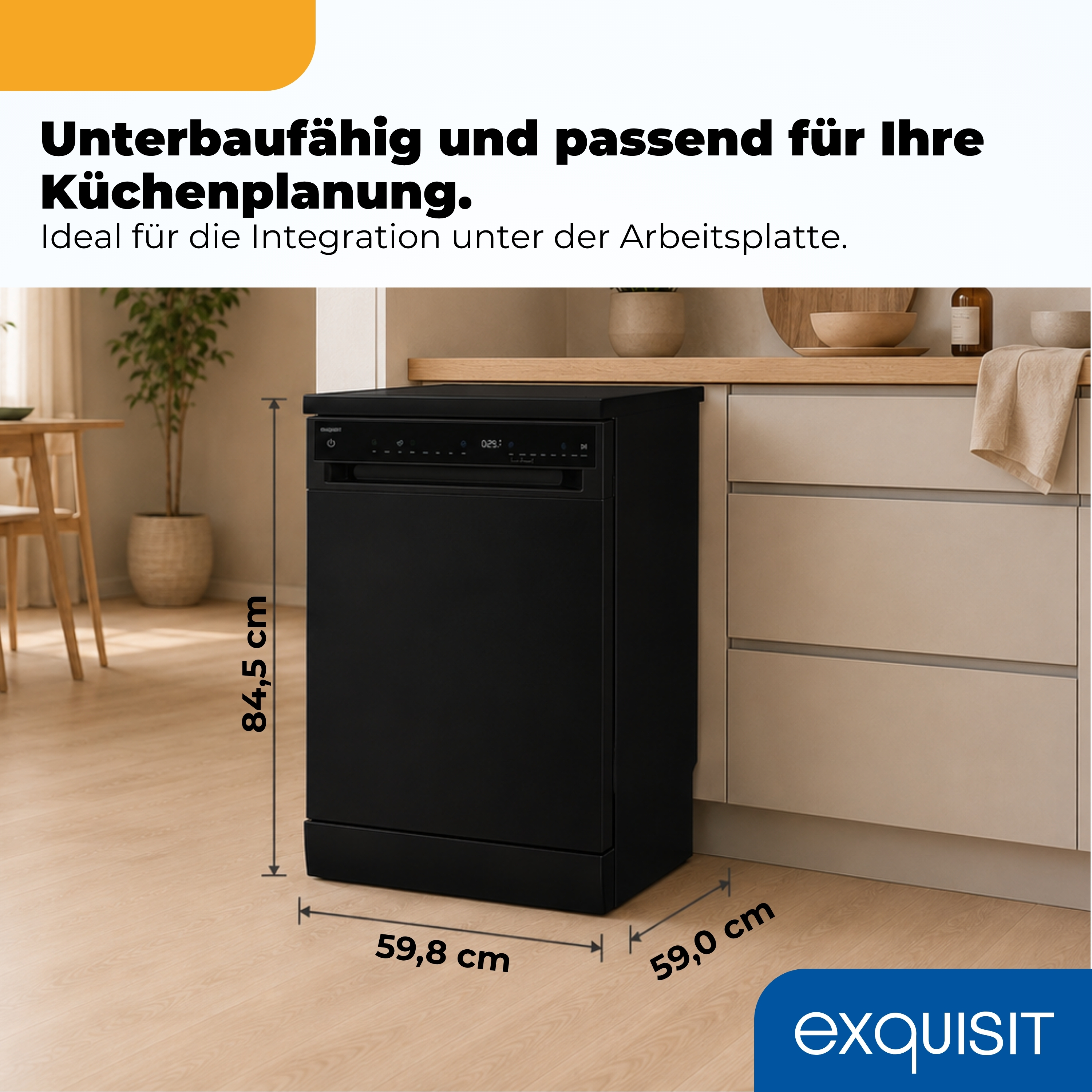 Schwarzer Unterbaugeschirrspüler mit Maßen 84,5x59,8x59,0 cm.