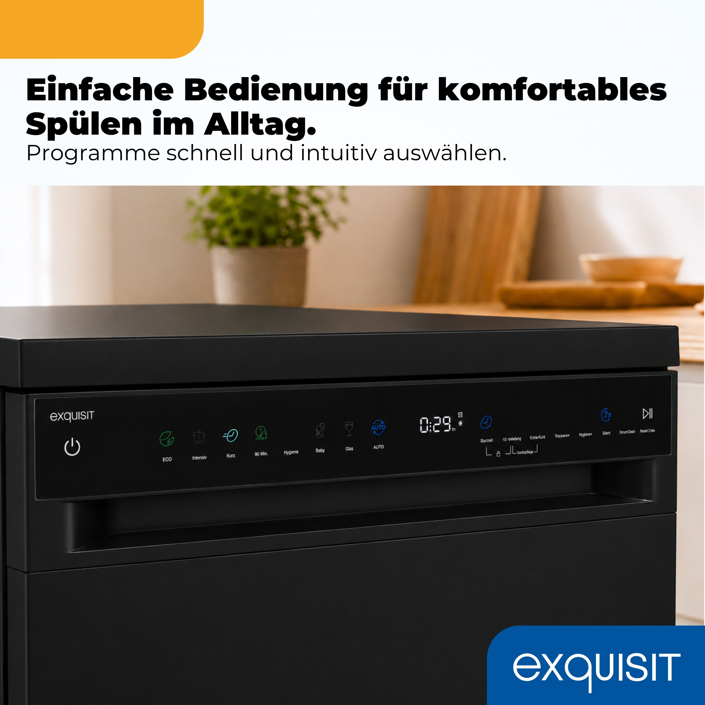 Schwarzer Geschirrspüler mit Touch-Bedienfeld und digitalen Programmanzeigen.