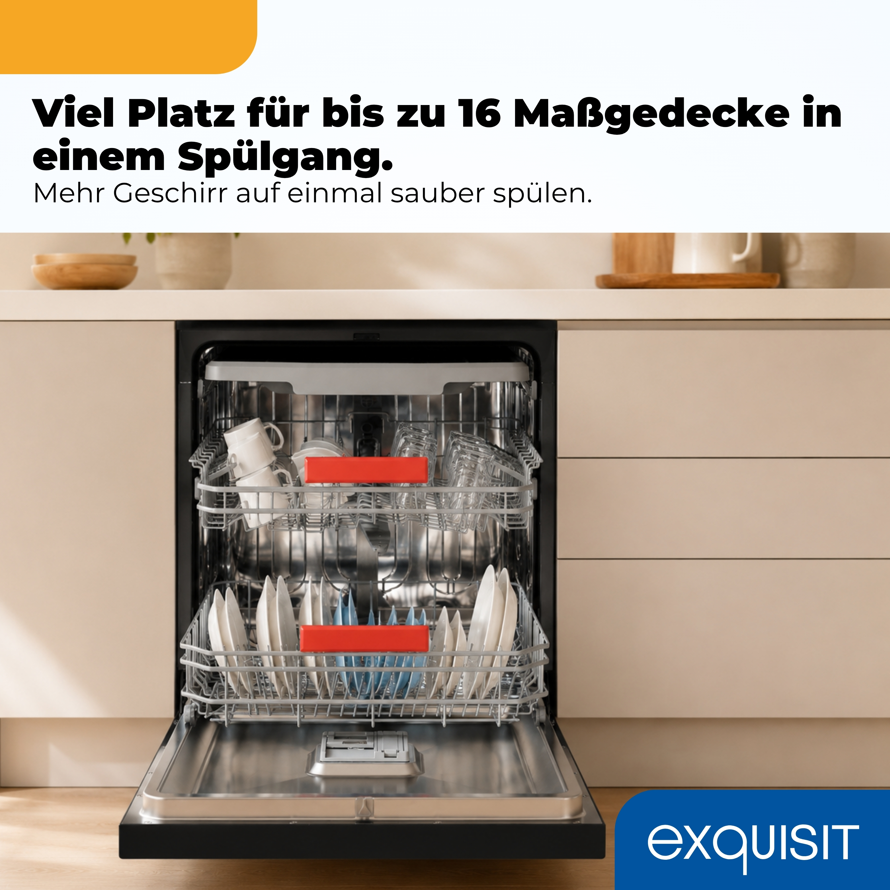 Ein offener Geschirrspüler mit vielen weißen Tassen und Tellern.