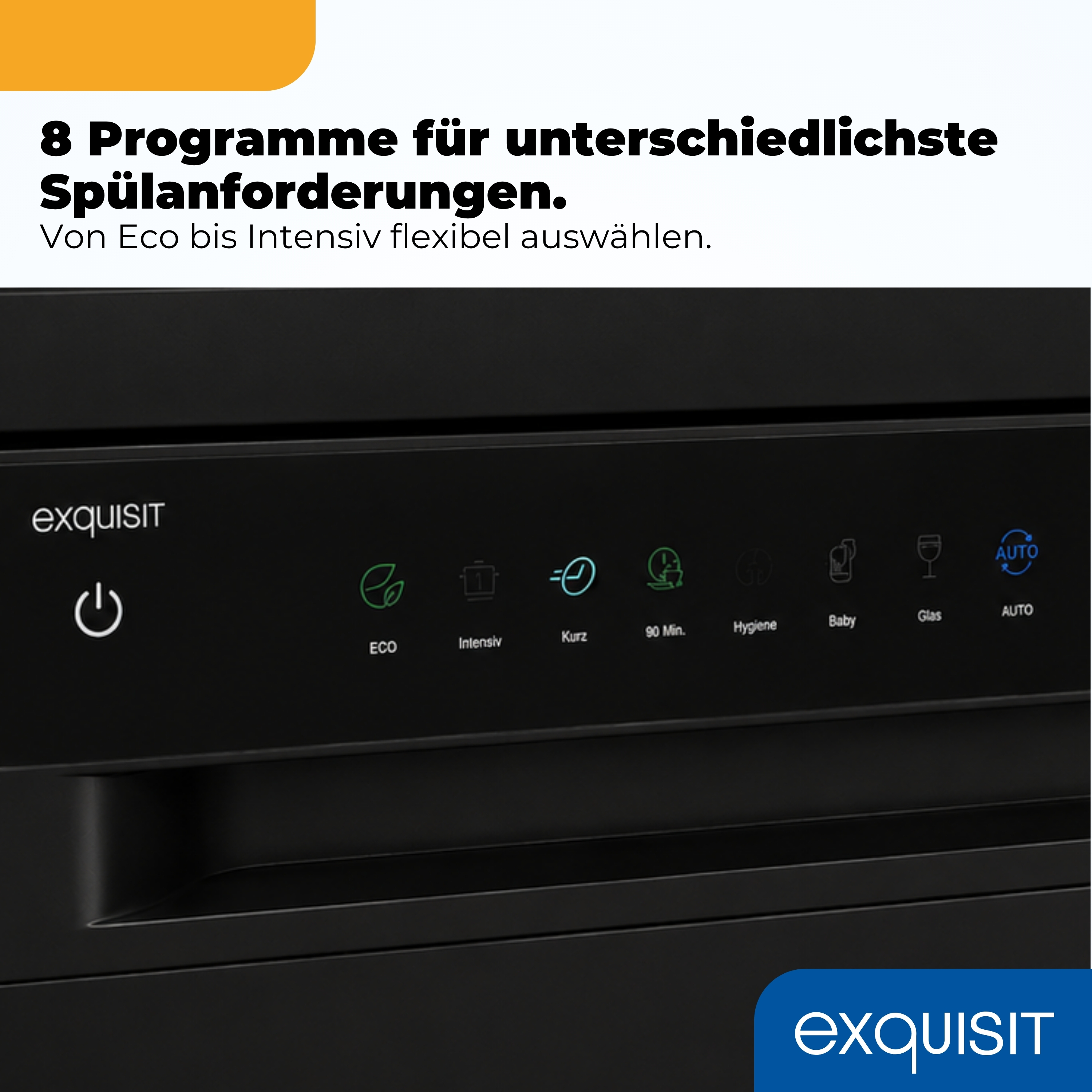 Bedienfeld einer Spülmaschine mit Symbolen für verschiedene Spülprogramme.