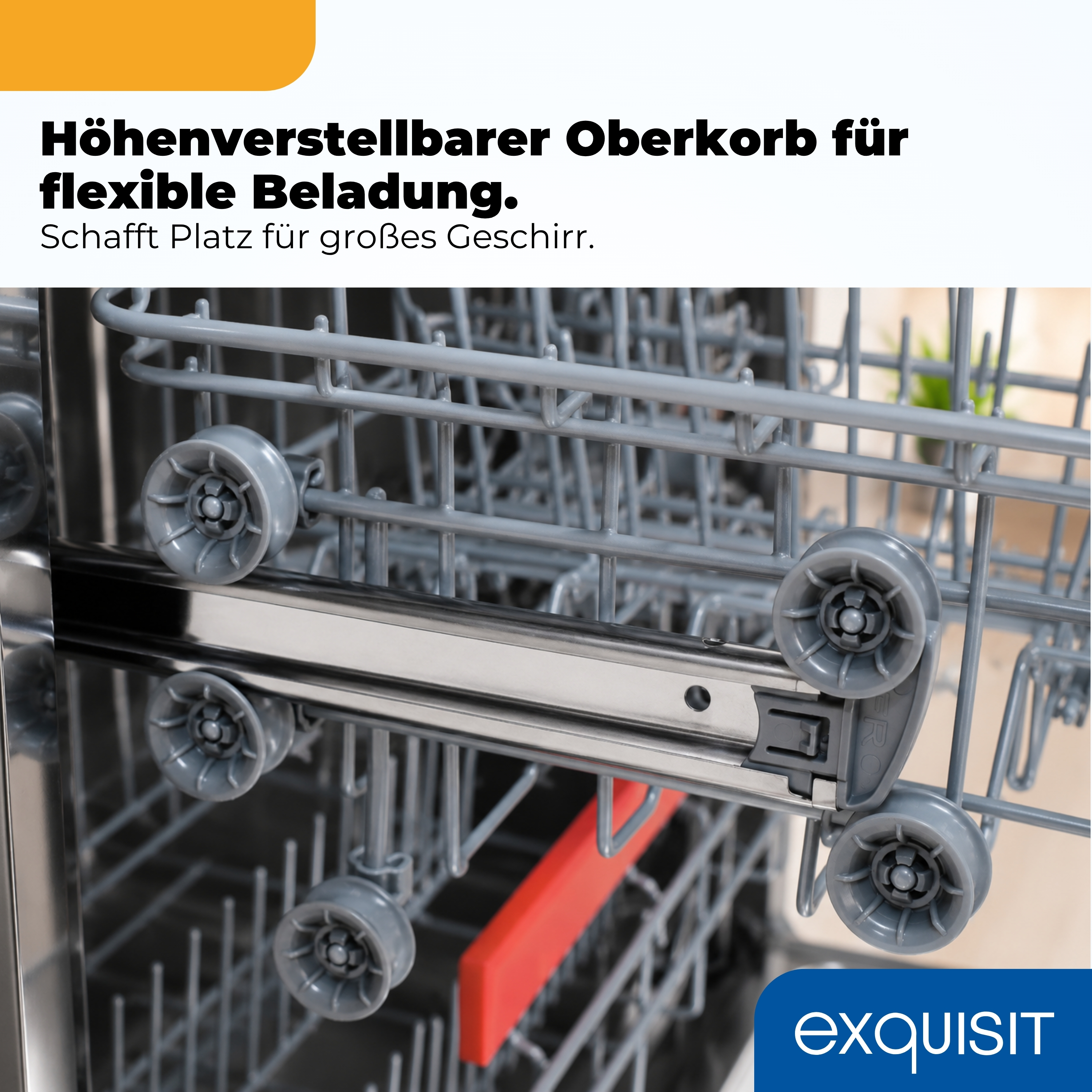 Nahaufnahme des höhenverstellbaren Oberkorbs einer Spülmaschine mit Rädern.