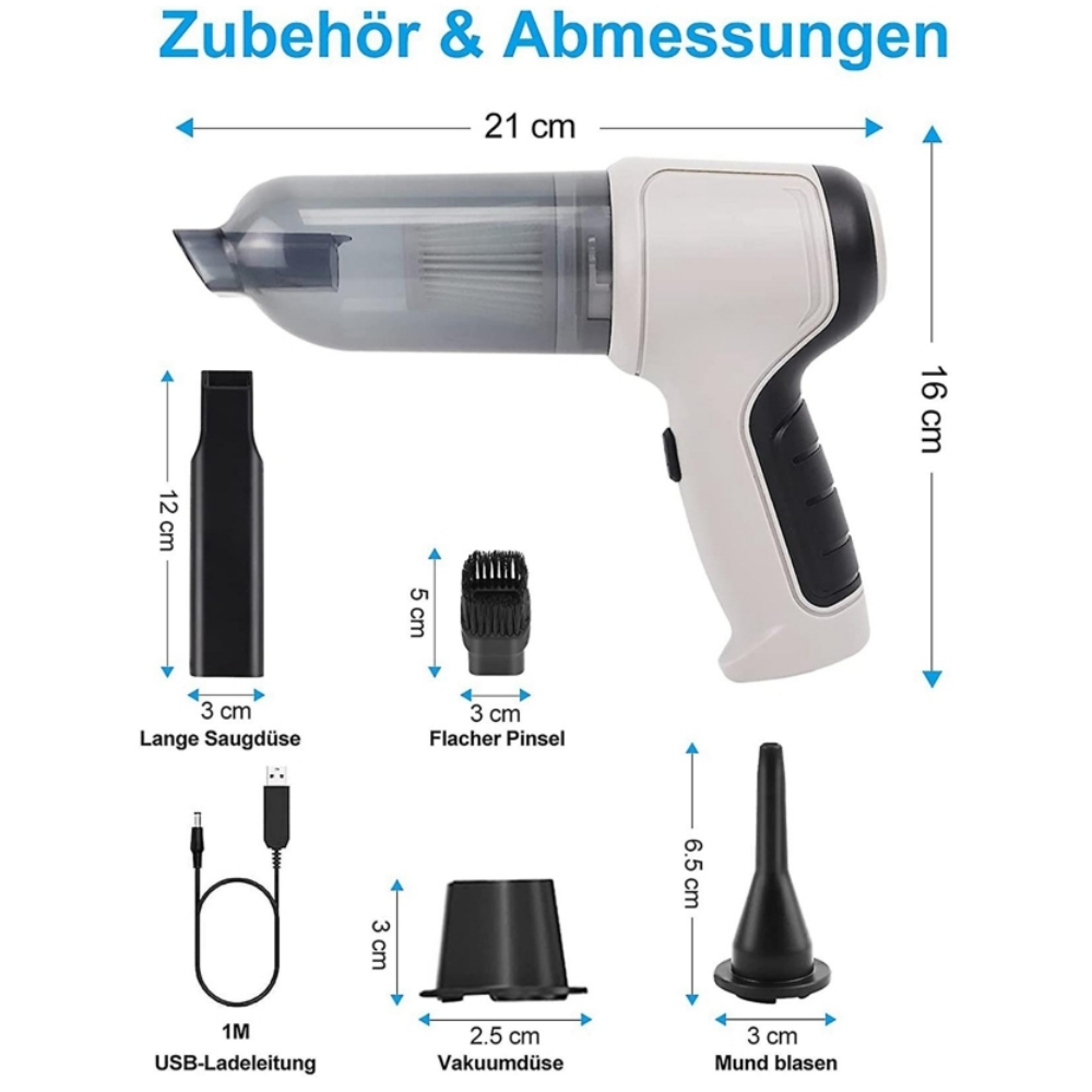 Ein weißer Handstaubsauger mit Zubehör und Maßen. Gesamtlänge 21 cm.
