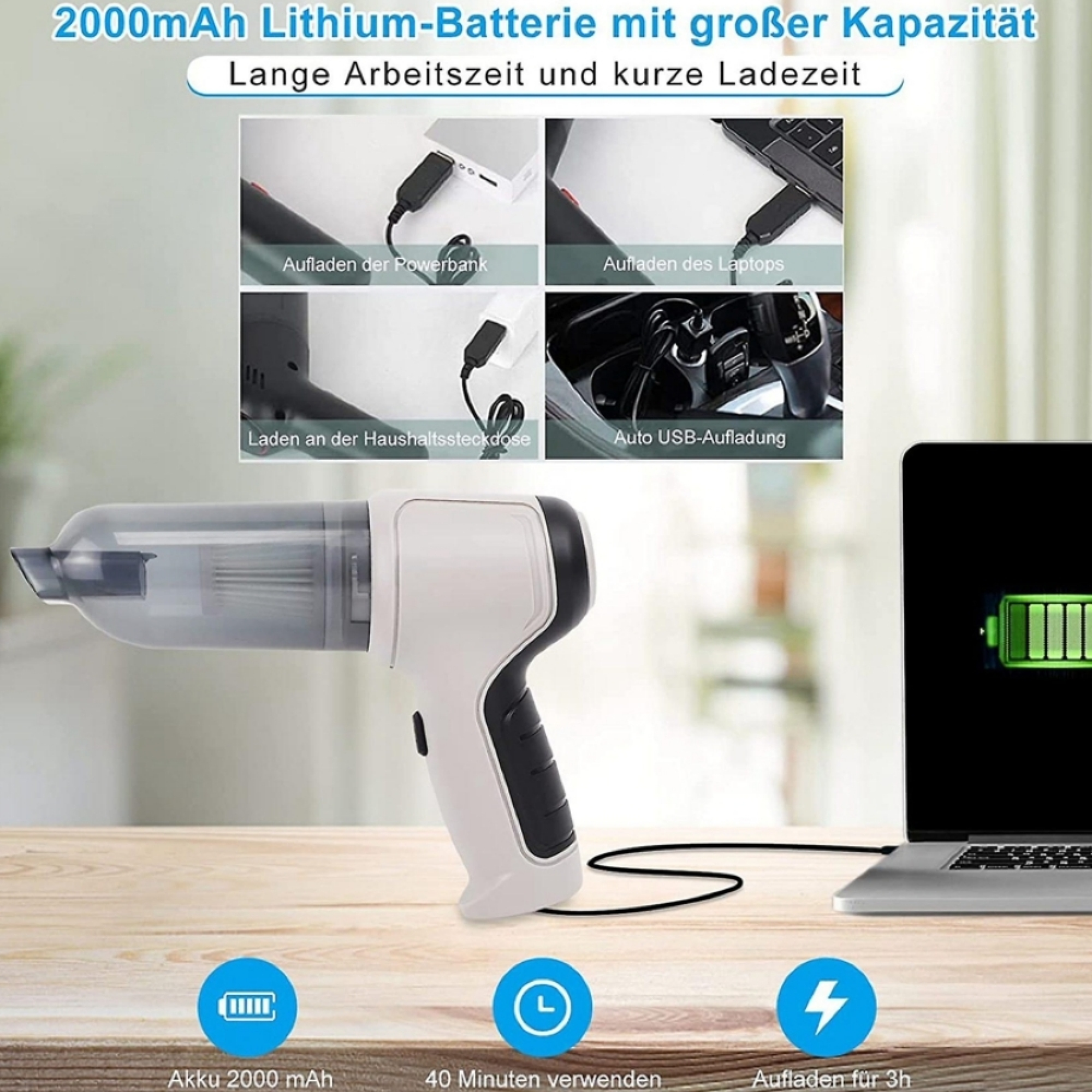 Ein weißer Handstaubsauger mit transparentem Behälter und Ladekabel lädt einen Laptop.