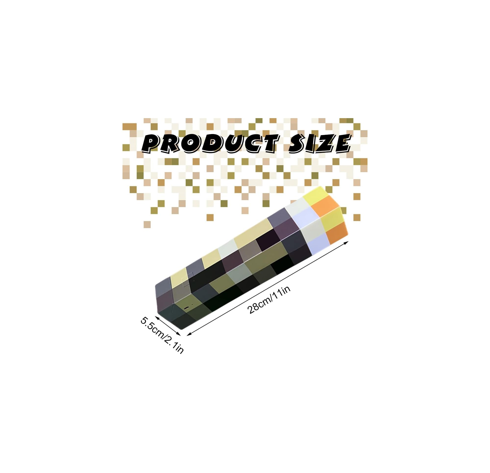 Ein pixeliger Stab mit den Maßen 28x5,5 cm, mit der Aufschrift 'PRODUCT SIZE'.