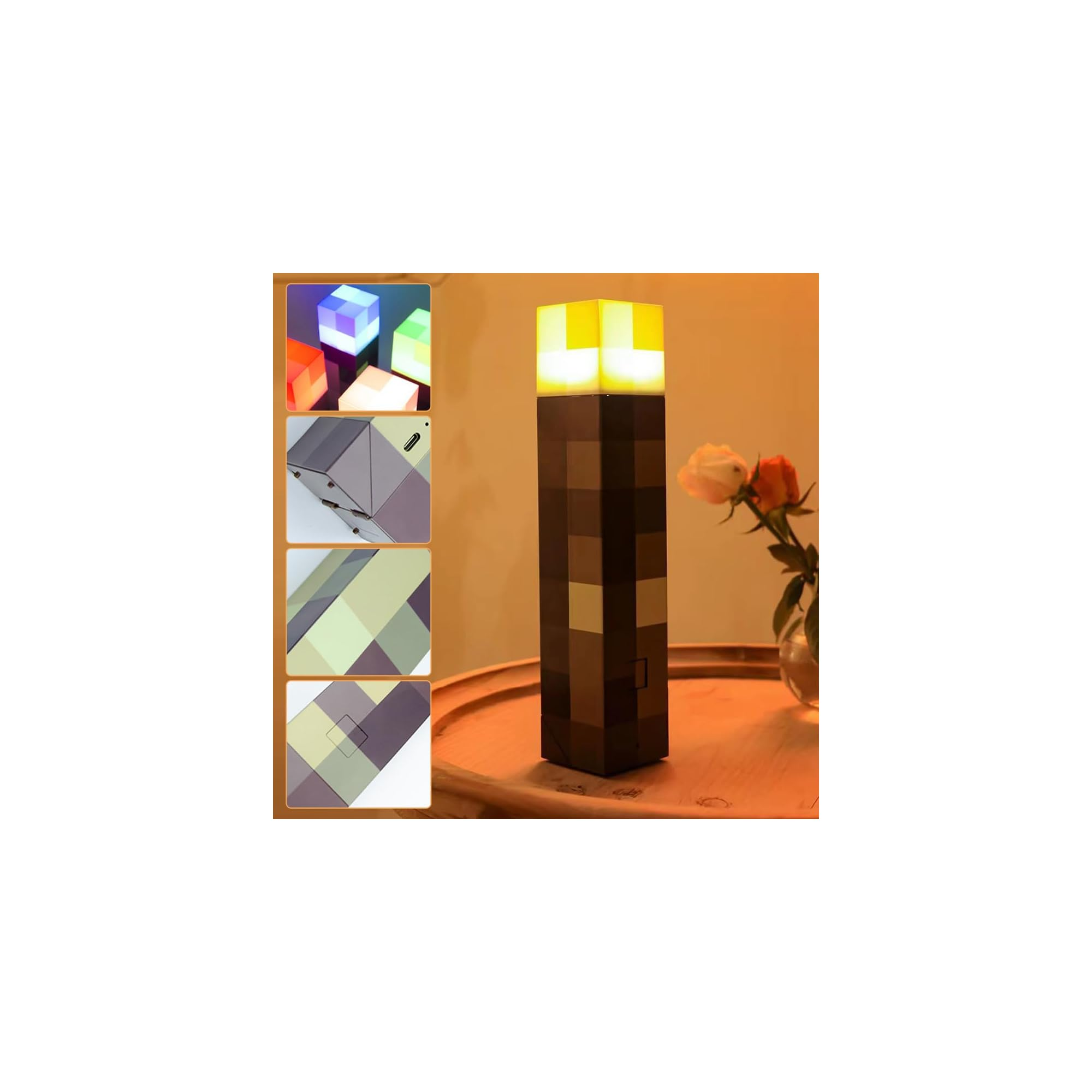 Ein Minecraft-Fackel-förmiger Lichtwürfel steht auf einem Holzteller mit zwei Rosen daneben.