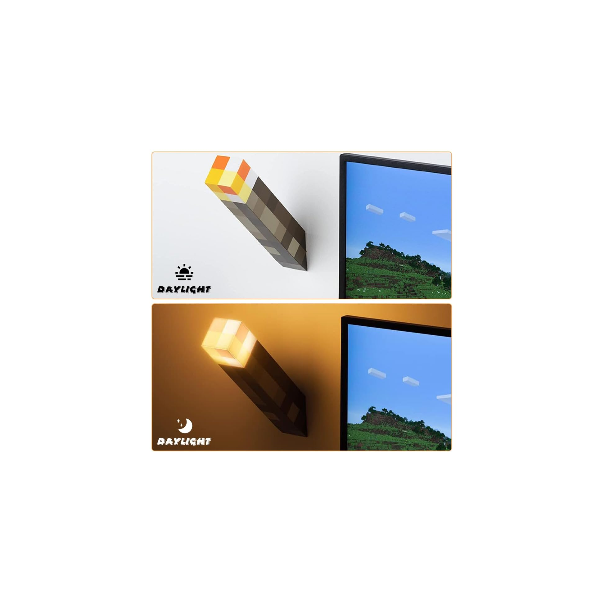 Eine Minecraft-Fackel leuchtet hell neben einem Bildschirm mit einer grünen Landschaft.