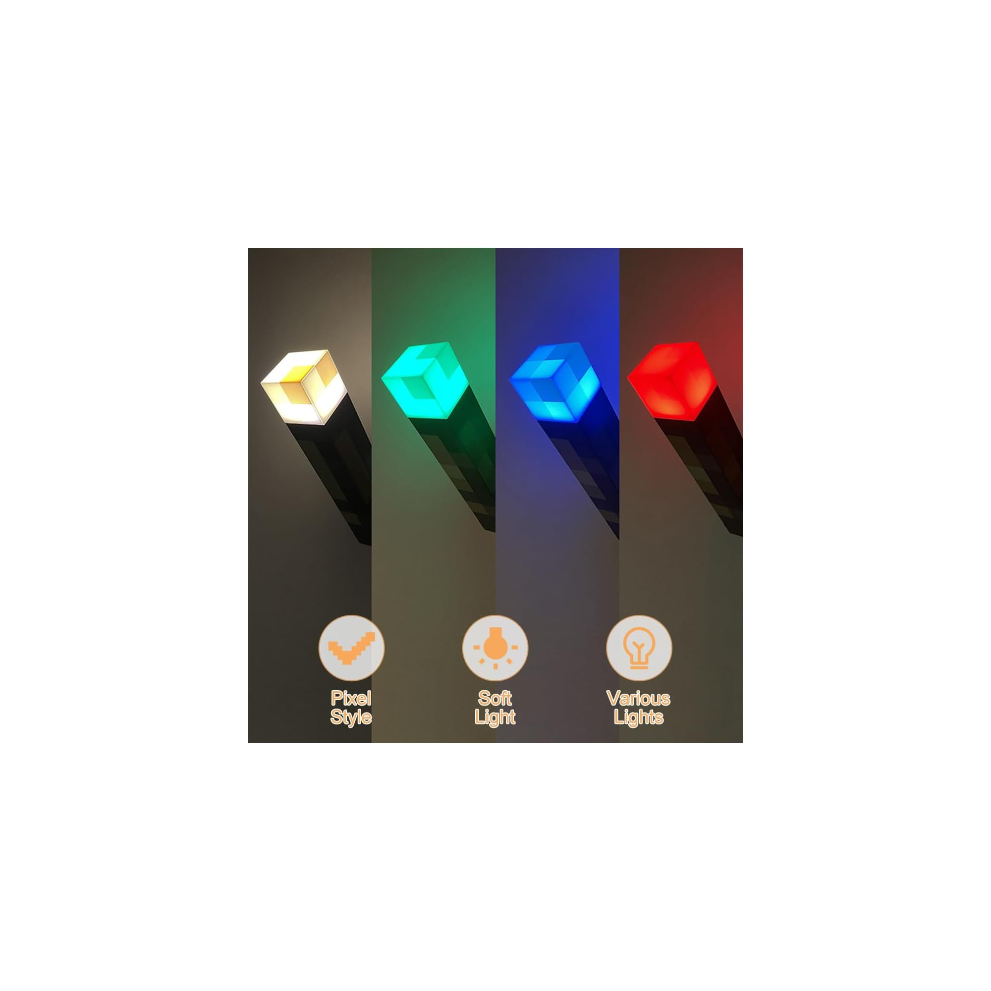 Vier Würfel-Lampen in Gelb, Grün, Blau und Rot auf dunklem Hintergrund.