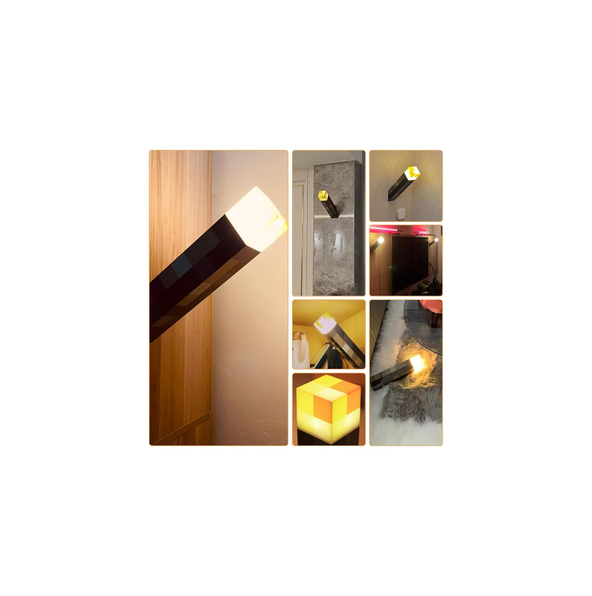 Sechs Bilder von geometrischen Lampen in verschiedenen Umgebungen.