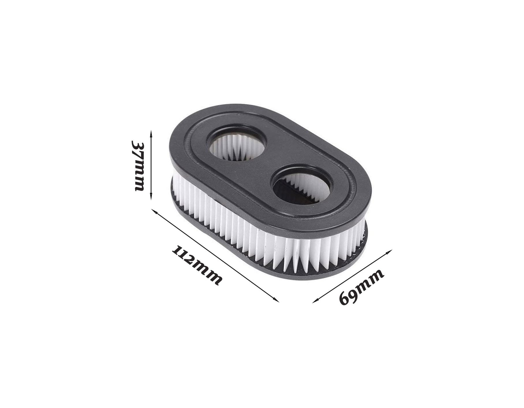 Schwarzer ovaler Luftfilter, 112mm x 69mm x 37mm, mit weißen Faltenfiltermedien.