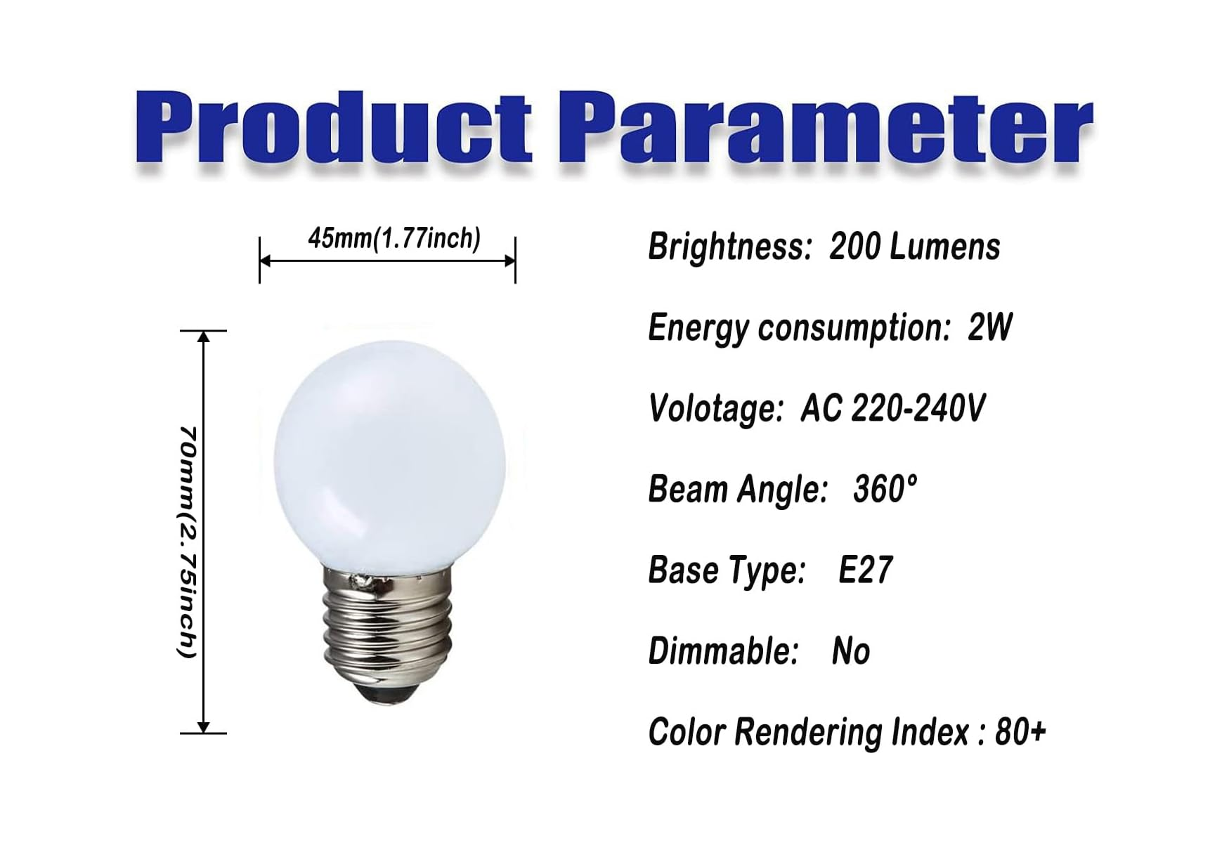 Weiße LED-Lampe, 45mm breit, 70mm hoch, E27-Sockel.