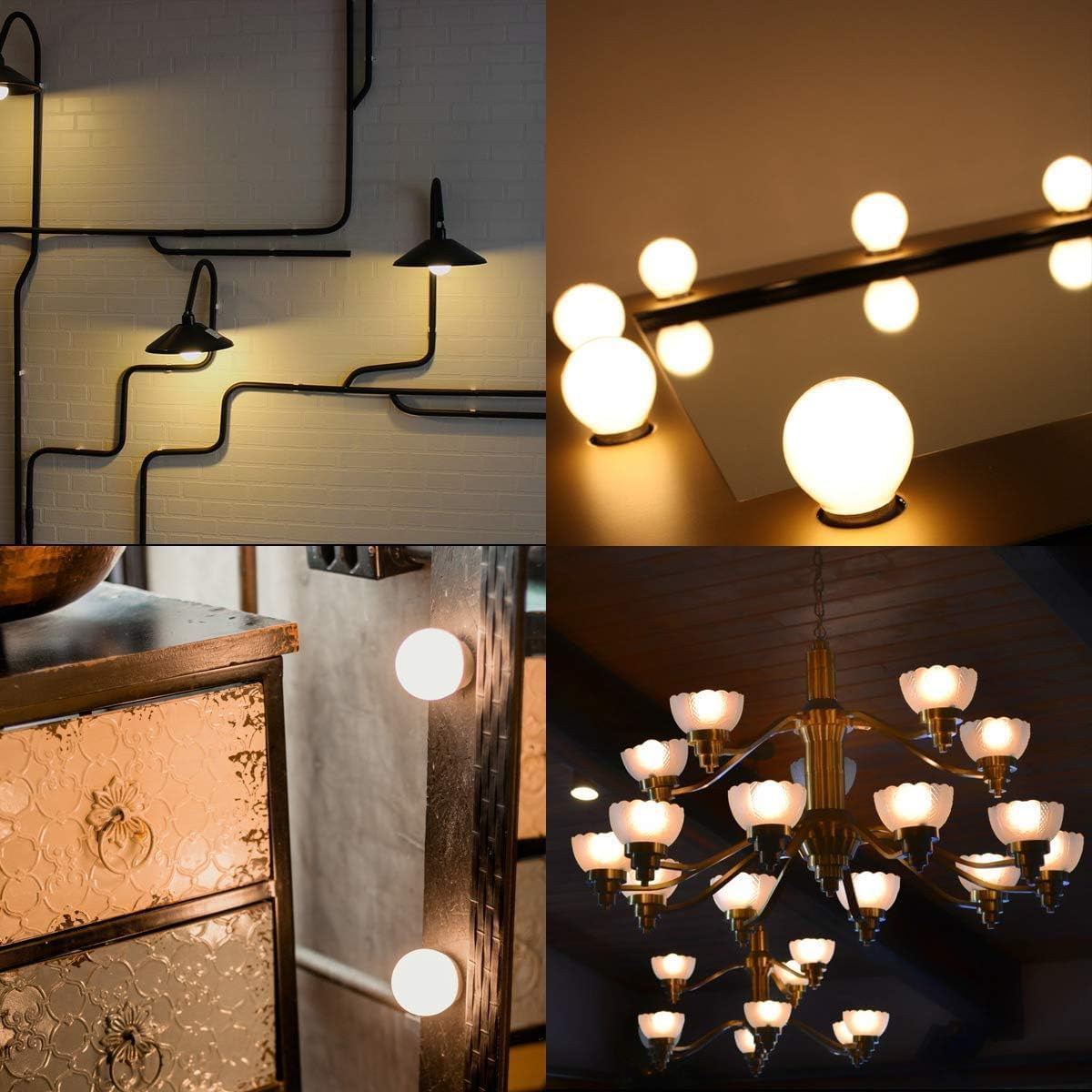 Vier Lampen: Wandmontage, Deckenleuchten, Wandleuchten, Kronleuchter.